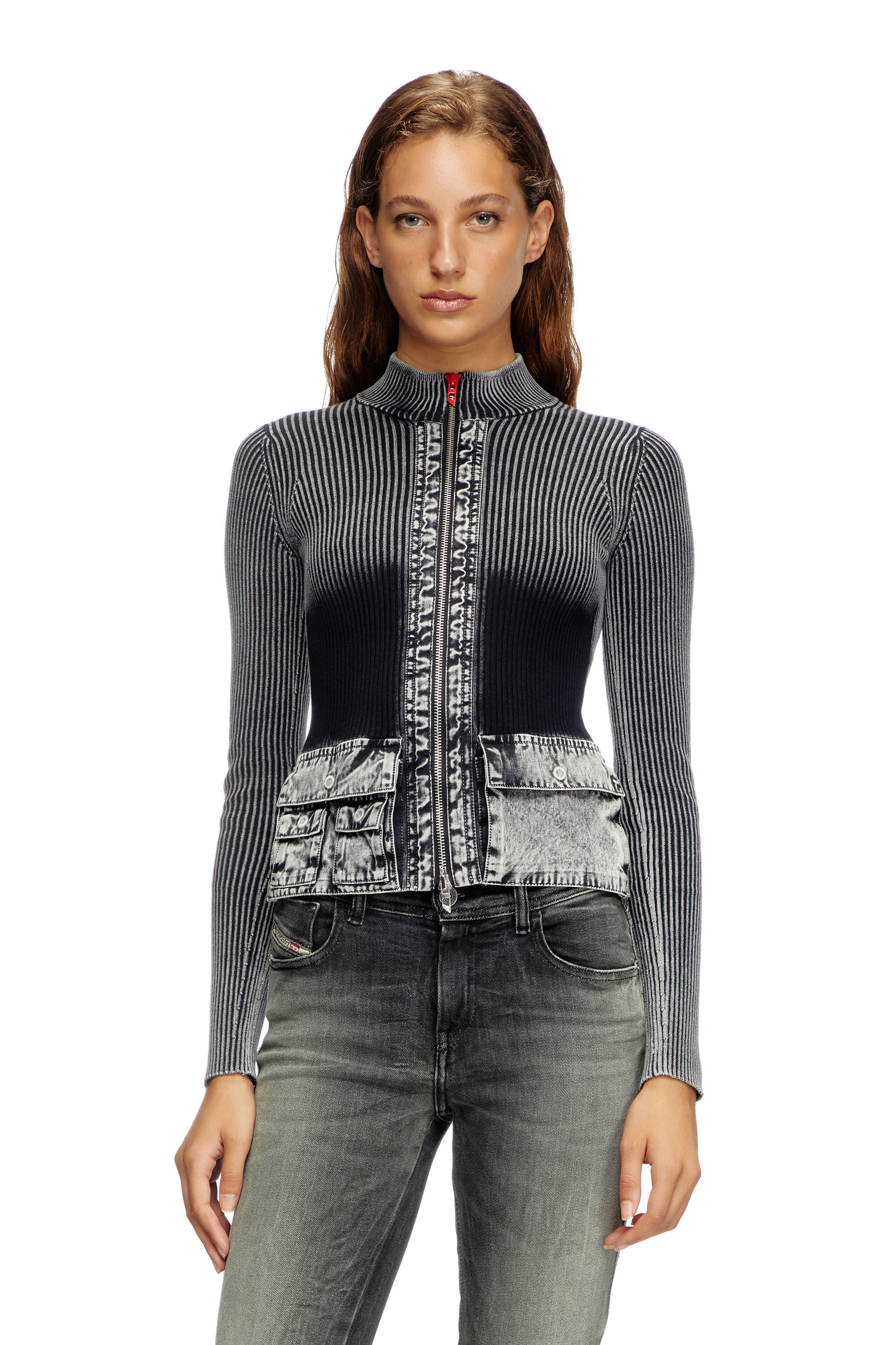 Women's Zip-up cardigan with denim cargo pockets | Grey | Diesel
