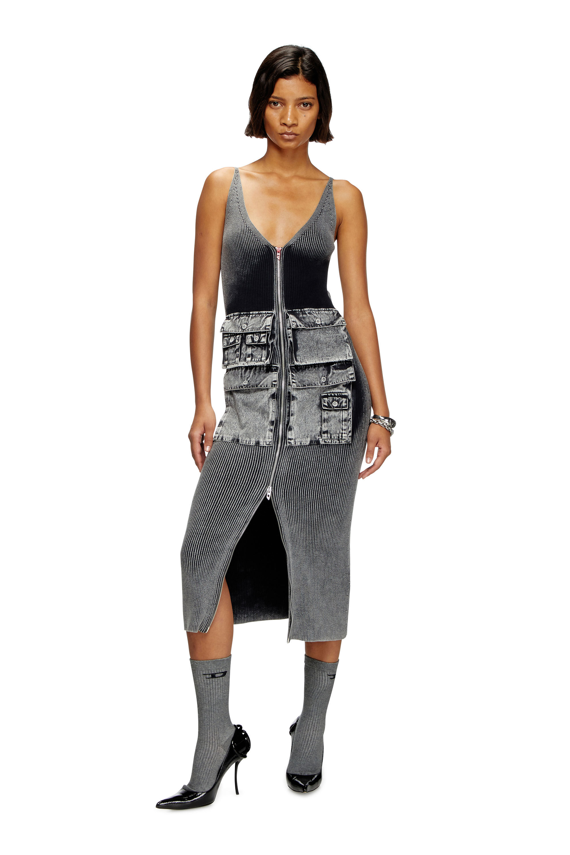 Women's Knit midi dress with contrast pockets | Grey | Diesel Women's Knit midi dress with contrast pockets | Grey | Diesel