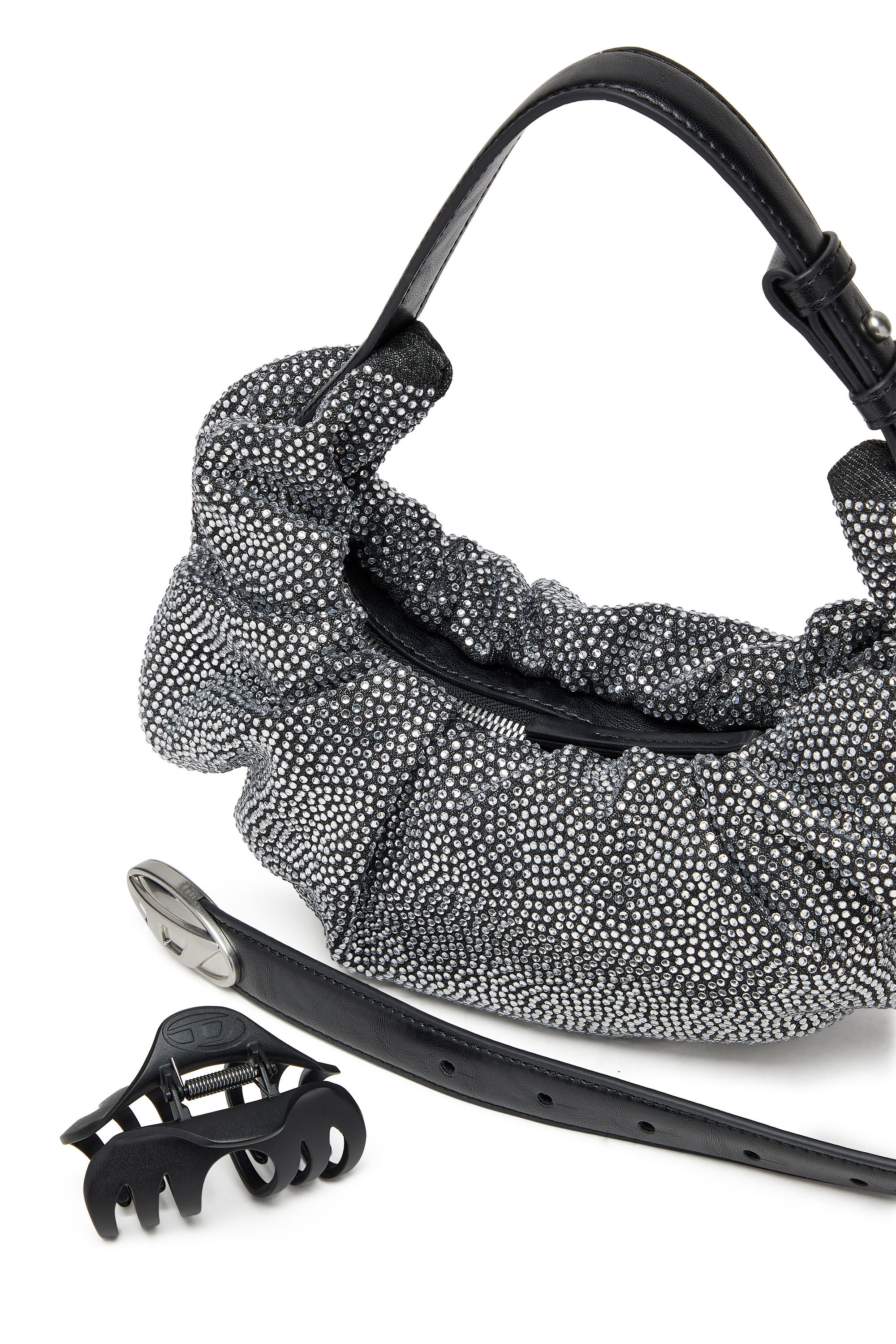 Diesel - GRAB-D HOBO S, Woman's Grab-D S-Small scrunched hobo bag in crystal denim in Black - 6