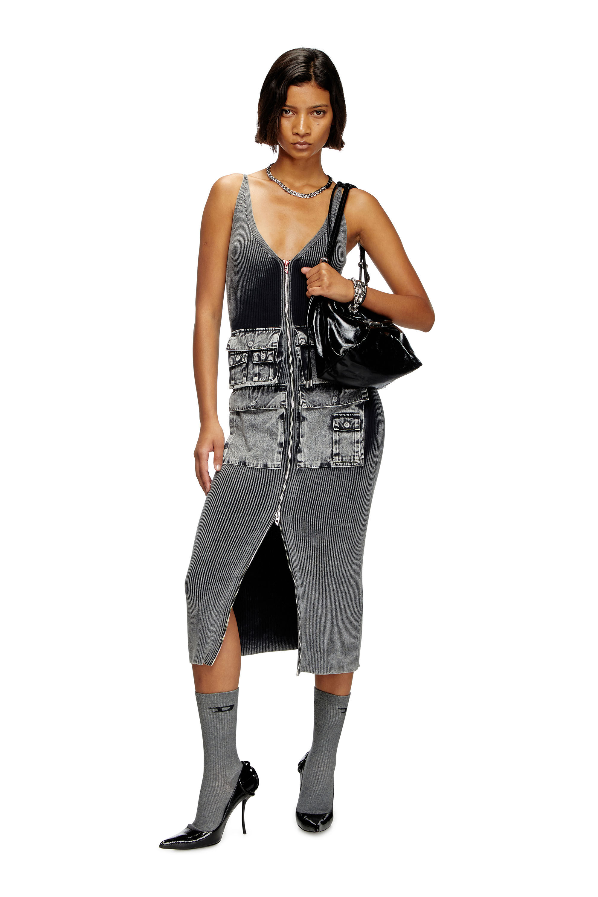 Women's Knit midi dress with contrast pockets | Grey | Diesel Women's Knit midi dress with contrast pockets | Grey | Diesel