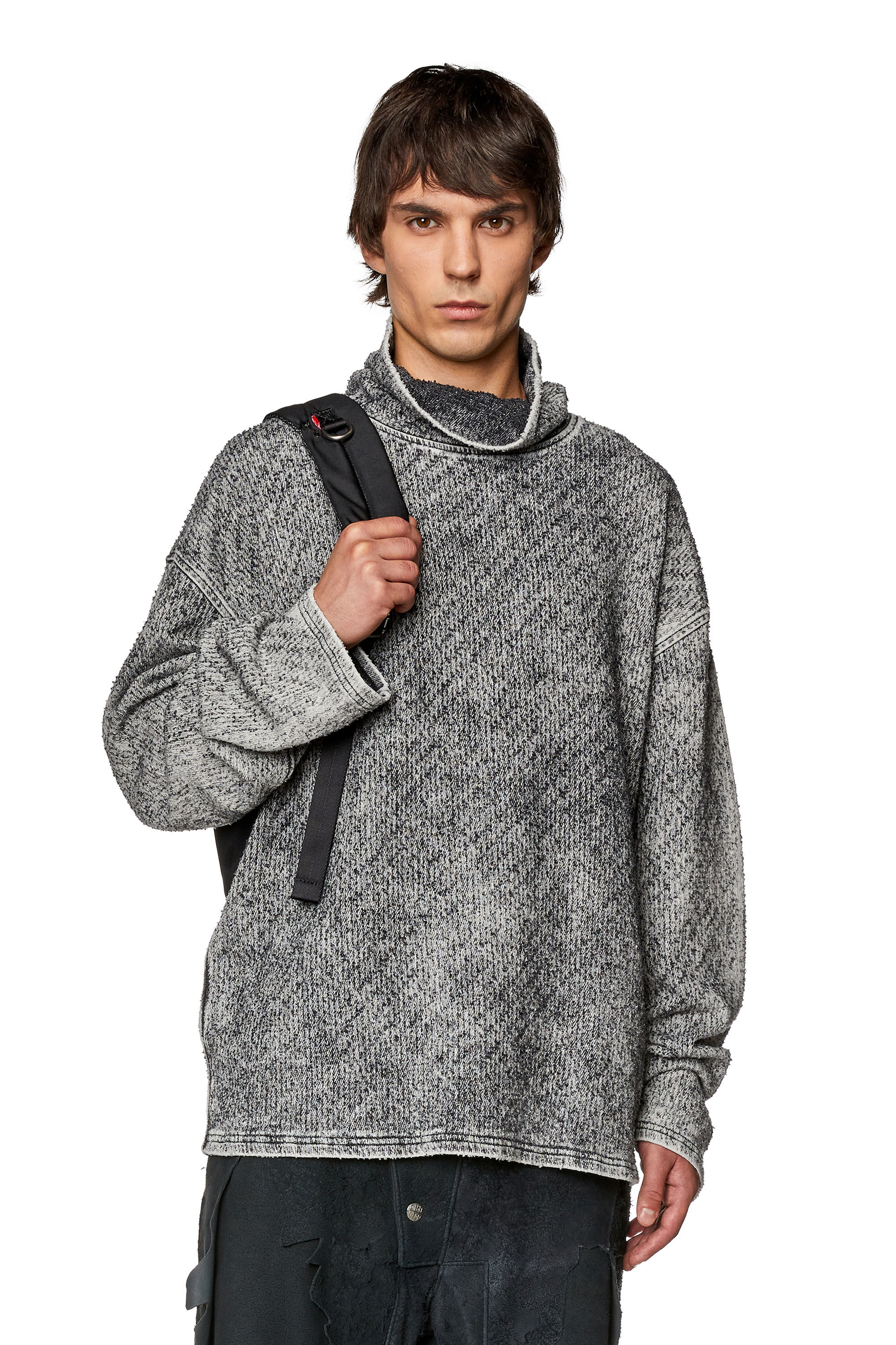Diesel - D-NLABELCOL-FSD-NE, Man's High-neck sweatshirt in lasered Track Denim in Grey - 3