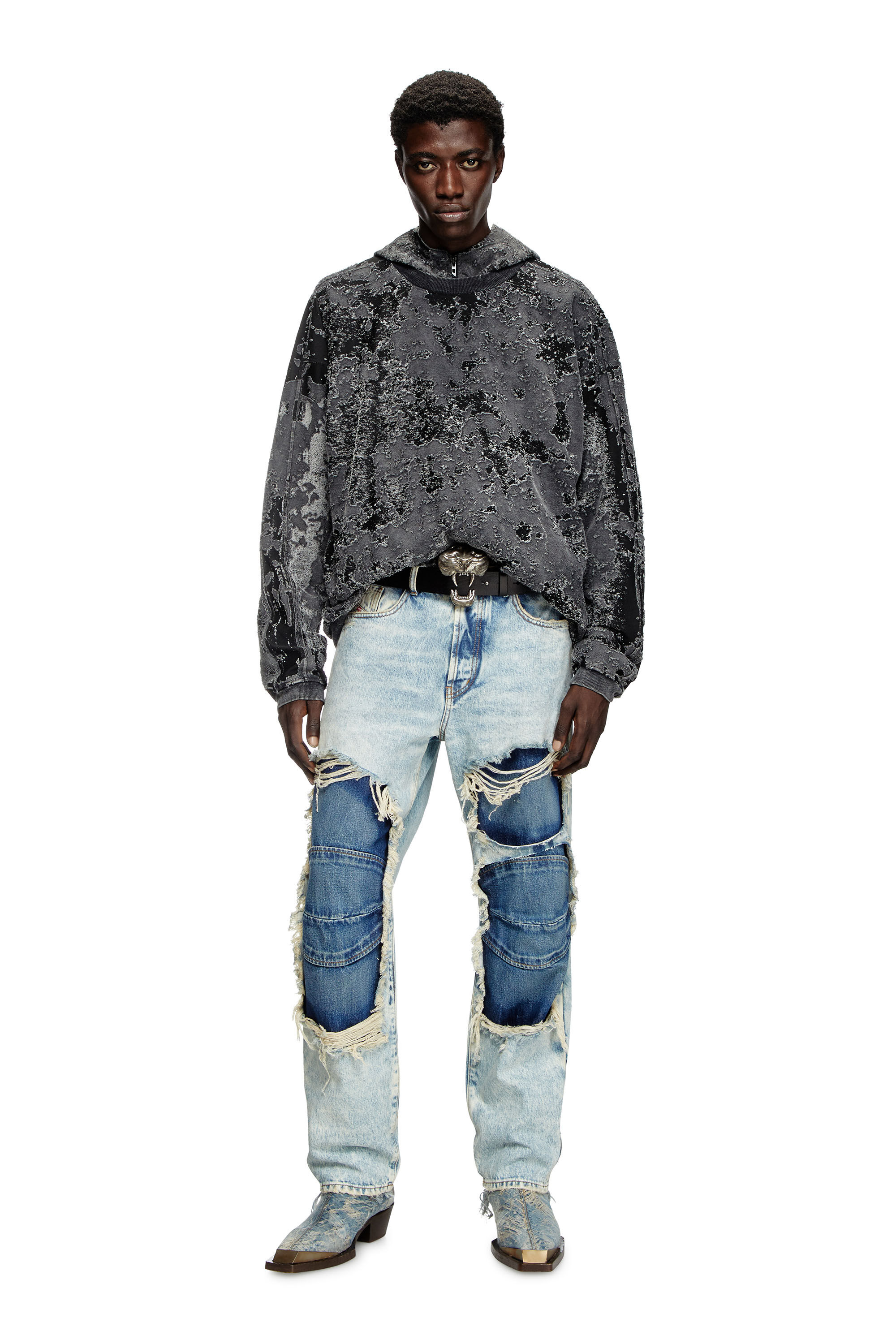 Diesel - S-ARISY, Man's Burnout sweatshirt with camo effect in Black - 1
