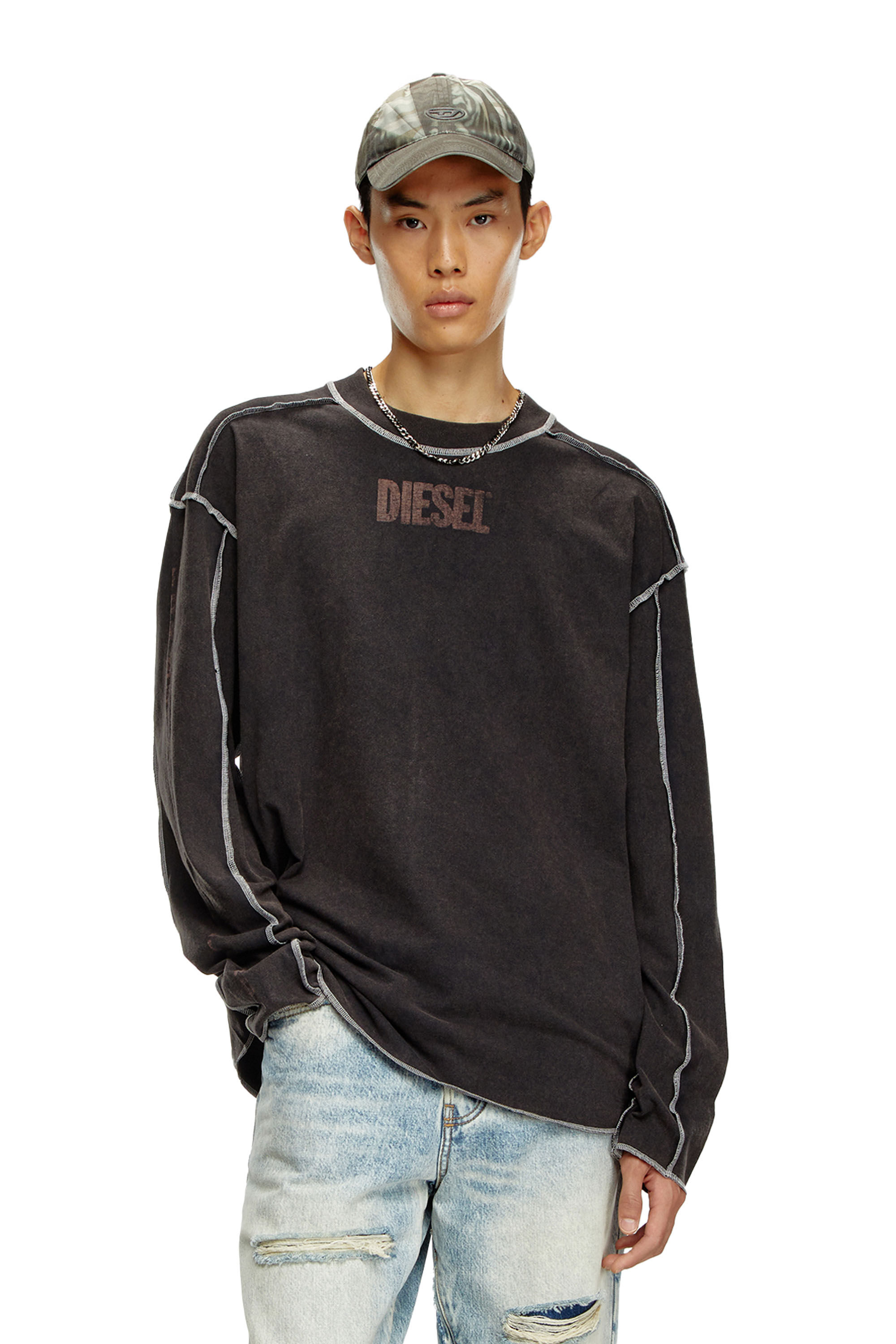 Diesel - T-CRAOR-LS, Man's Long-sleeve T-shirt with inside-out effect in Dark grey - 3