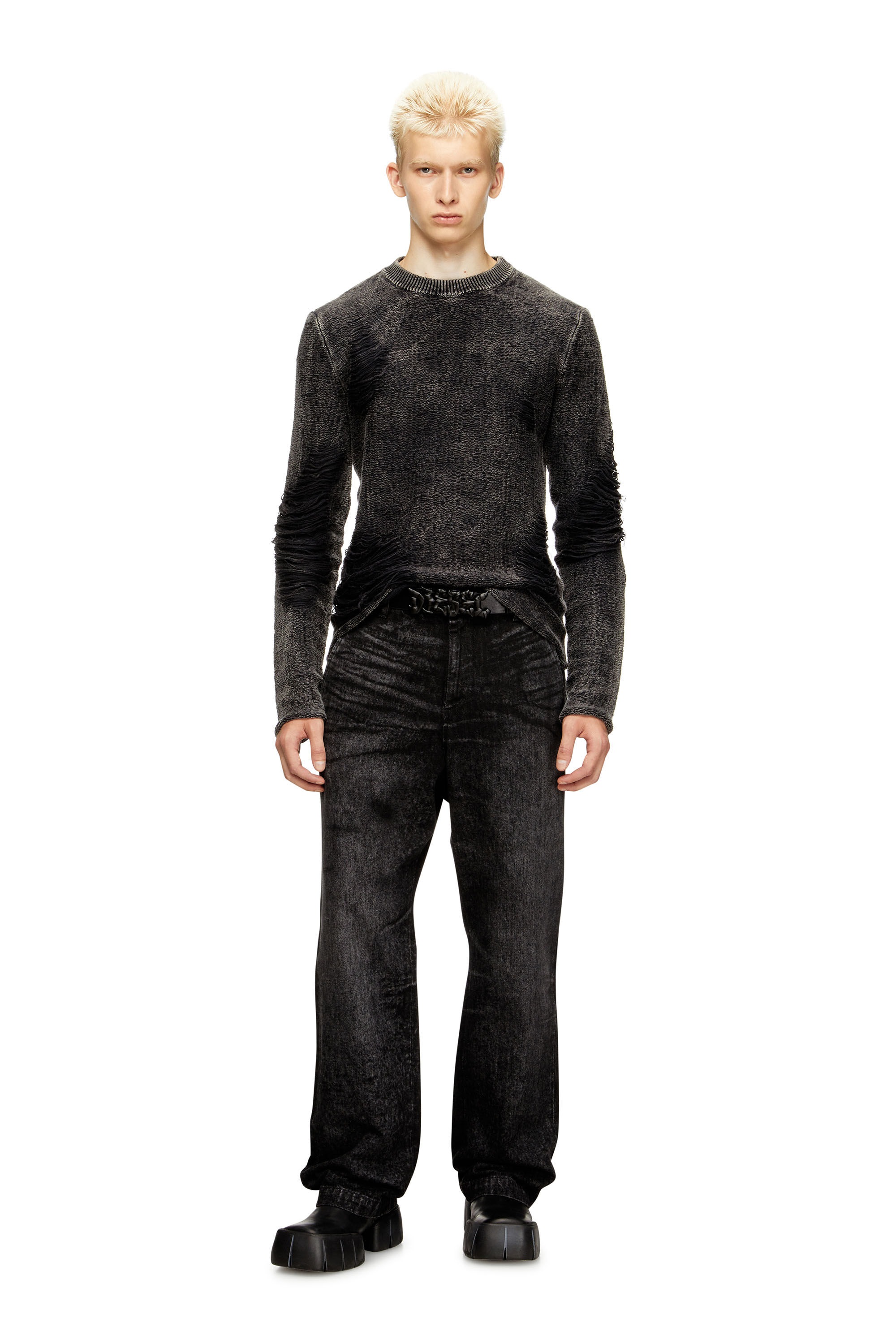 Diesel - K-FJORDI-ROUND, Jersey destruido con hilos flotantes Hombre in Negro - 1