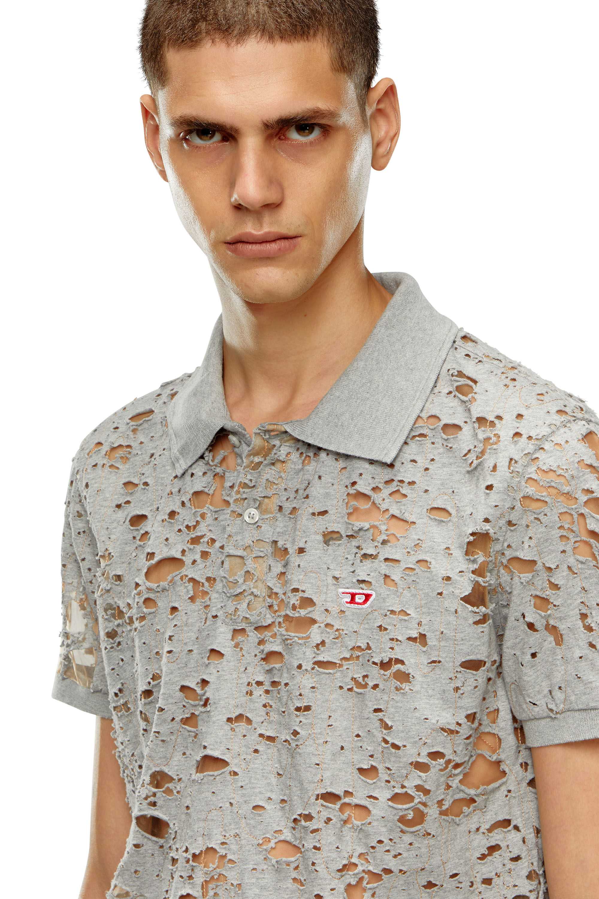【DIESEL】 Tulle polo shirt with destroyed jersey T-Smith Men's Tulle polo shirt with destroyed jersey | Grey | Diesel