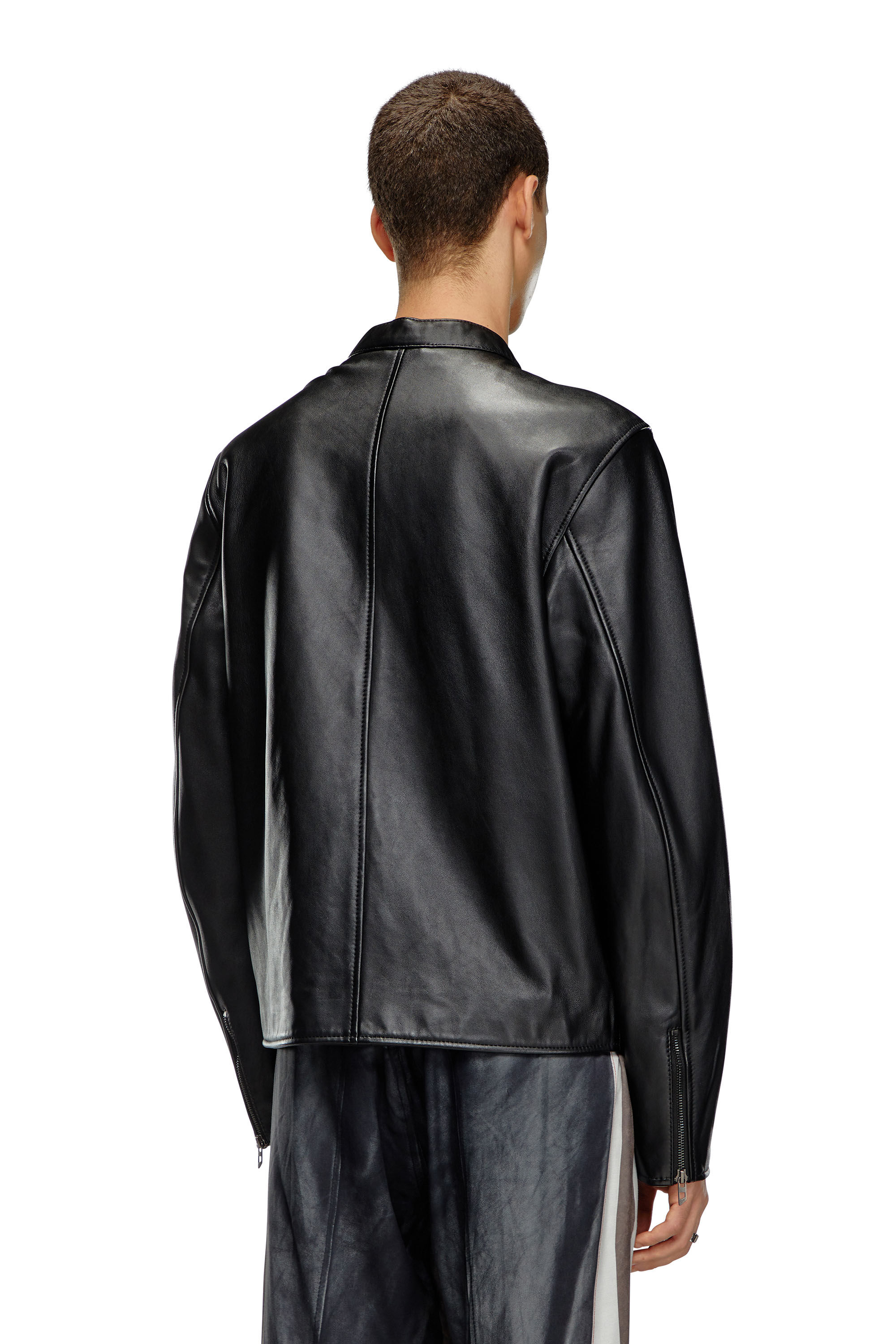 Diesel - L-CARVER, Man Leather biker jacket with embossed logo in Black - Image 5