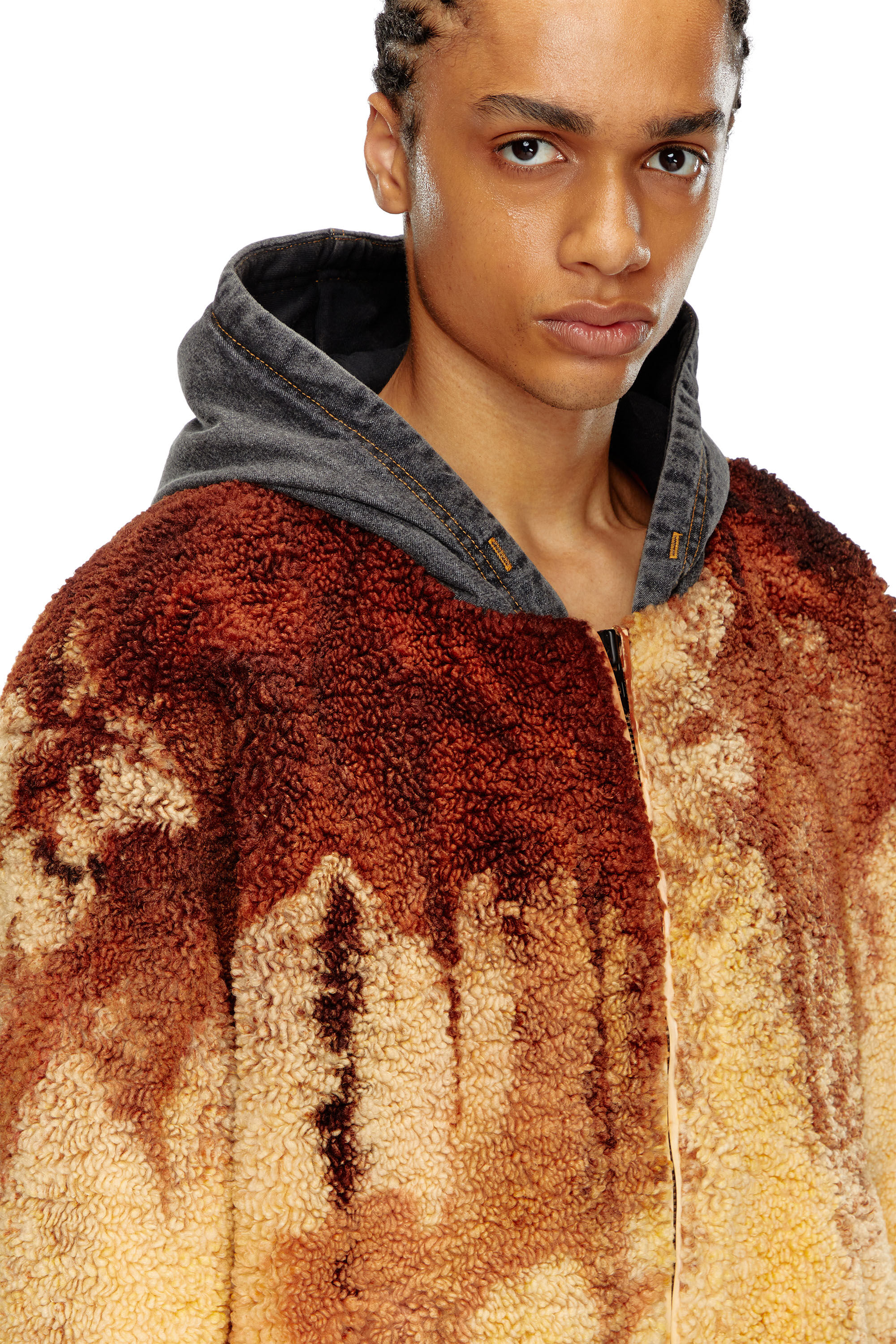 Diesel - S-DEPLA, Man's Tie-dyed teddy jacket with denim hood in Brown/Yellow - 4