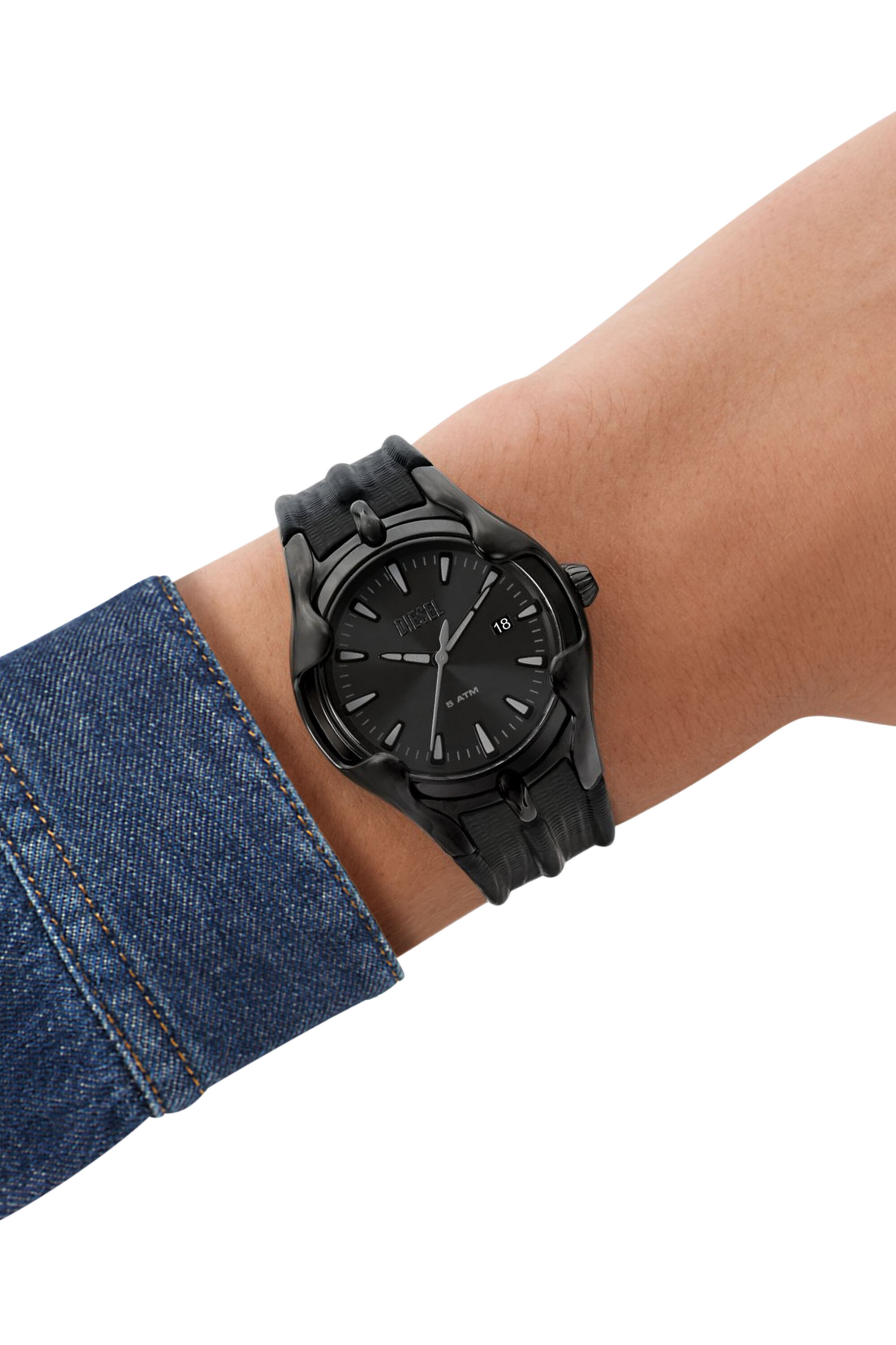 Men's Vert three-hand date black leather watch | Black | Diesel
