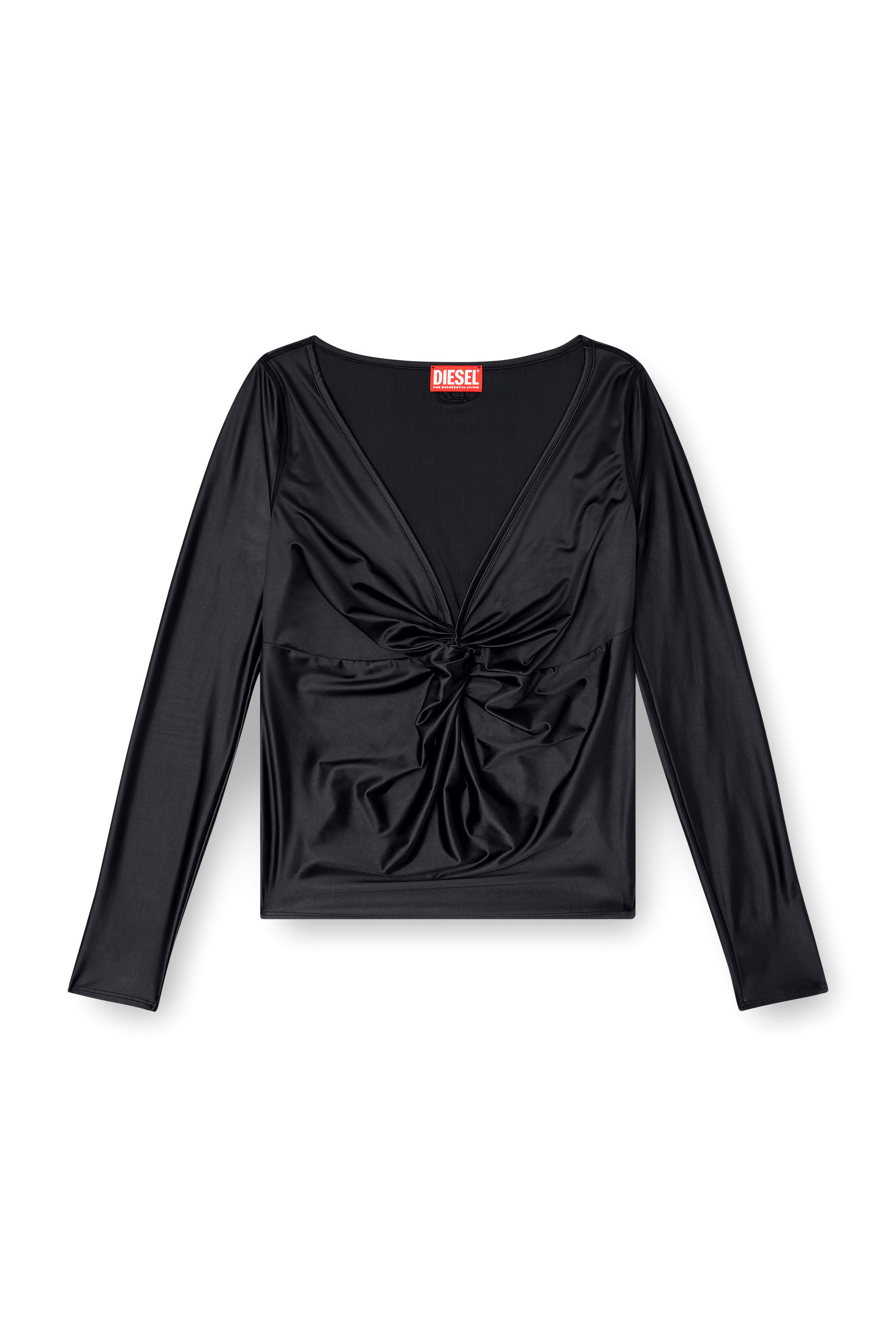 Diesel - T-KNOT, Top de manga larga con escote en V, fruncidos y acabado chintz Mujer in Negro - 2