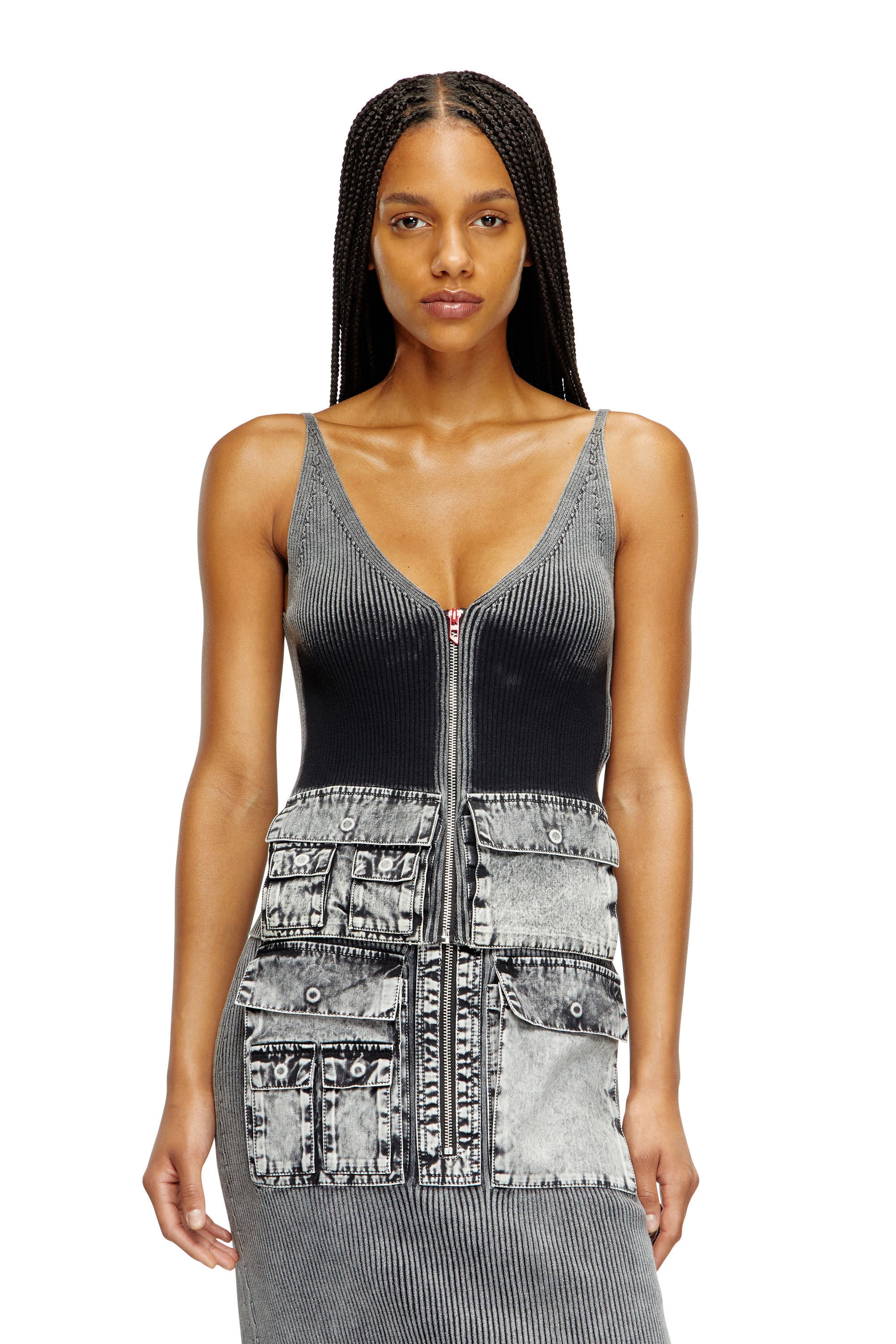 Diesel - M-MELLY, Camiseta tejida con tirantes y bolsillos cargo de denim Mujer in Gris - 3