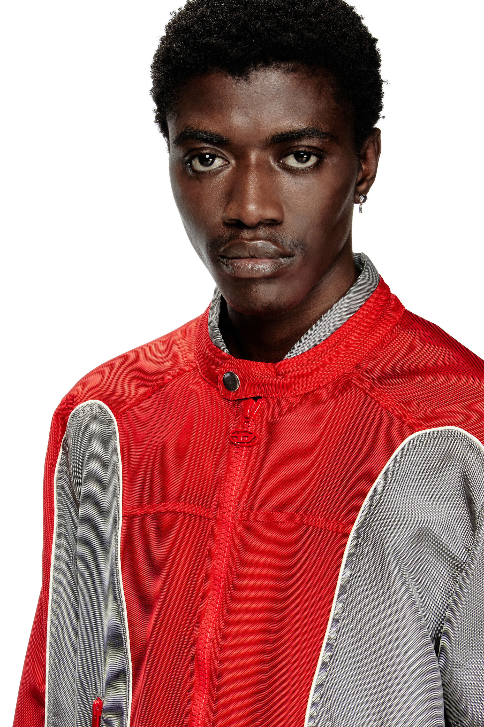 Diesel - J-BLINK-A, Man's Colour-block biker jacket with piping in Red/Grey - 4