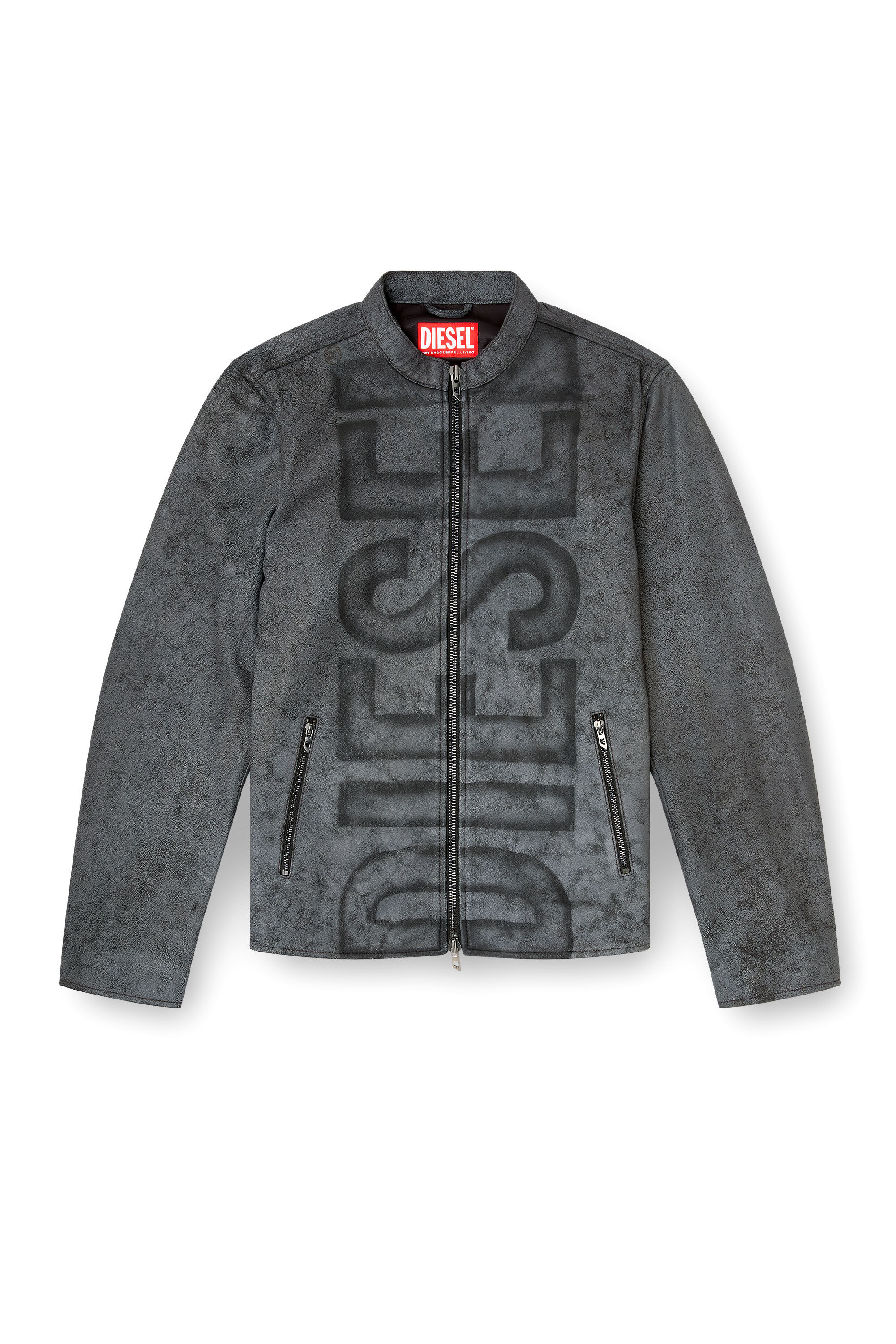 Diesel - L-EVERT-A, Man's Treated leather biker jacket with faded logo in Grey - 2