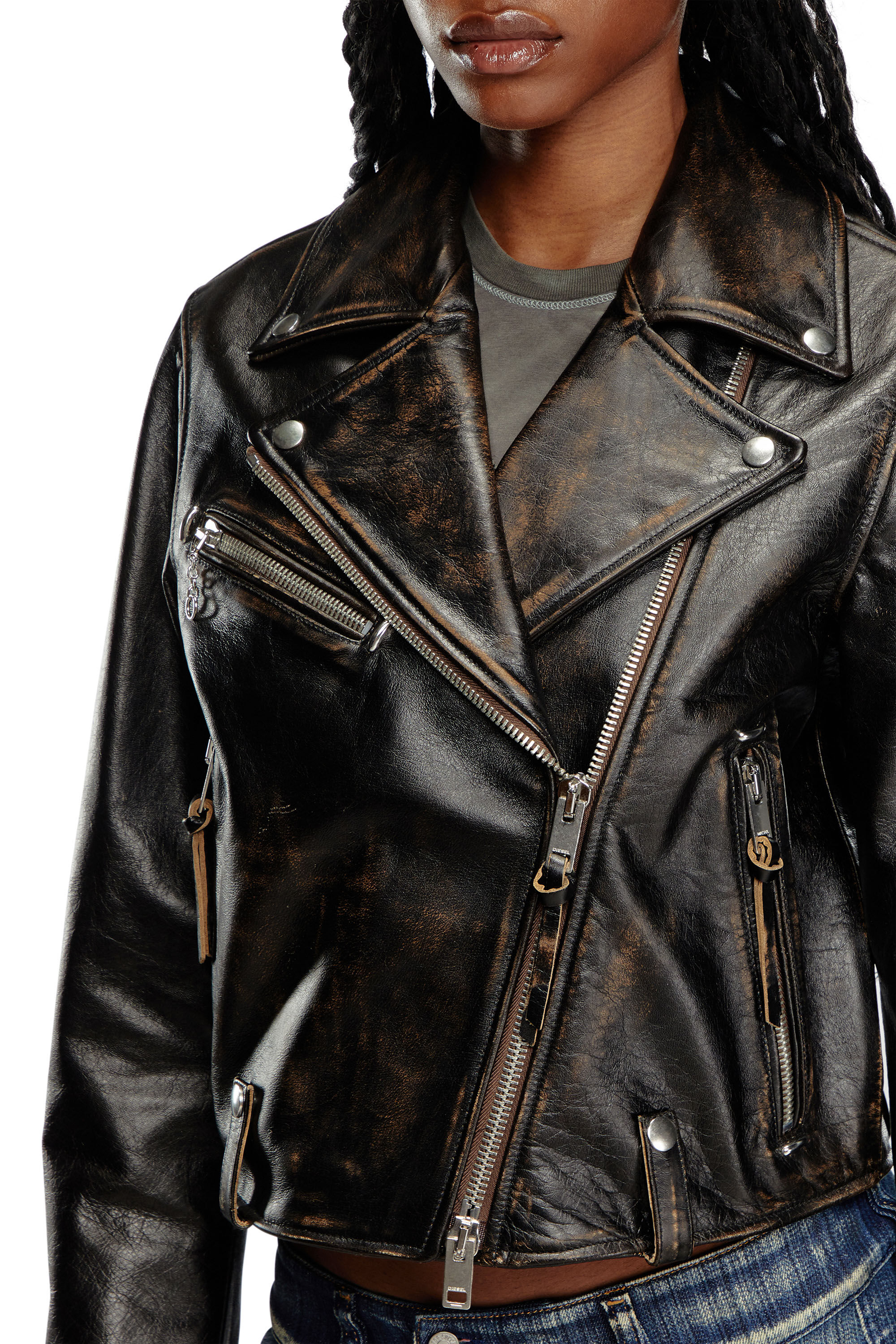 Women's distressed jacket in treated leather | Diesel L-EDMEA-CL