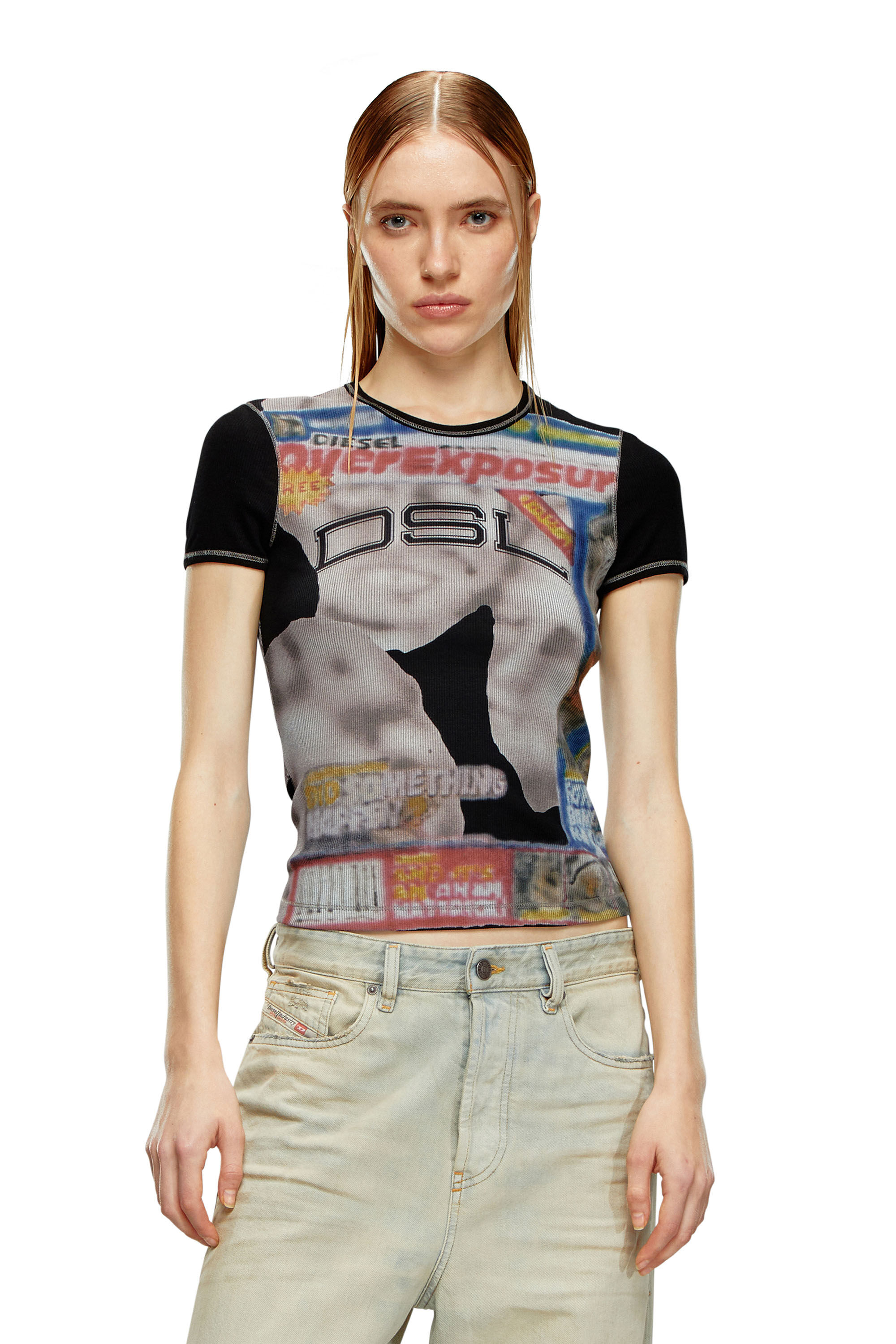 【気質アップ】 T-shirt Ribbed Women's with Diesel | Black | print airbrush トップス