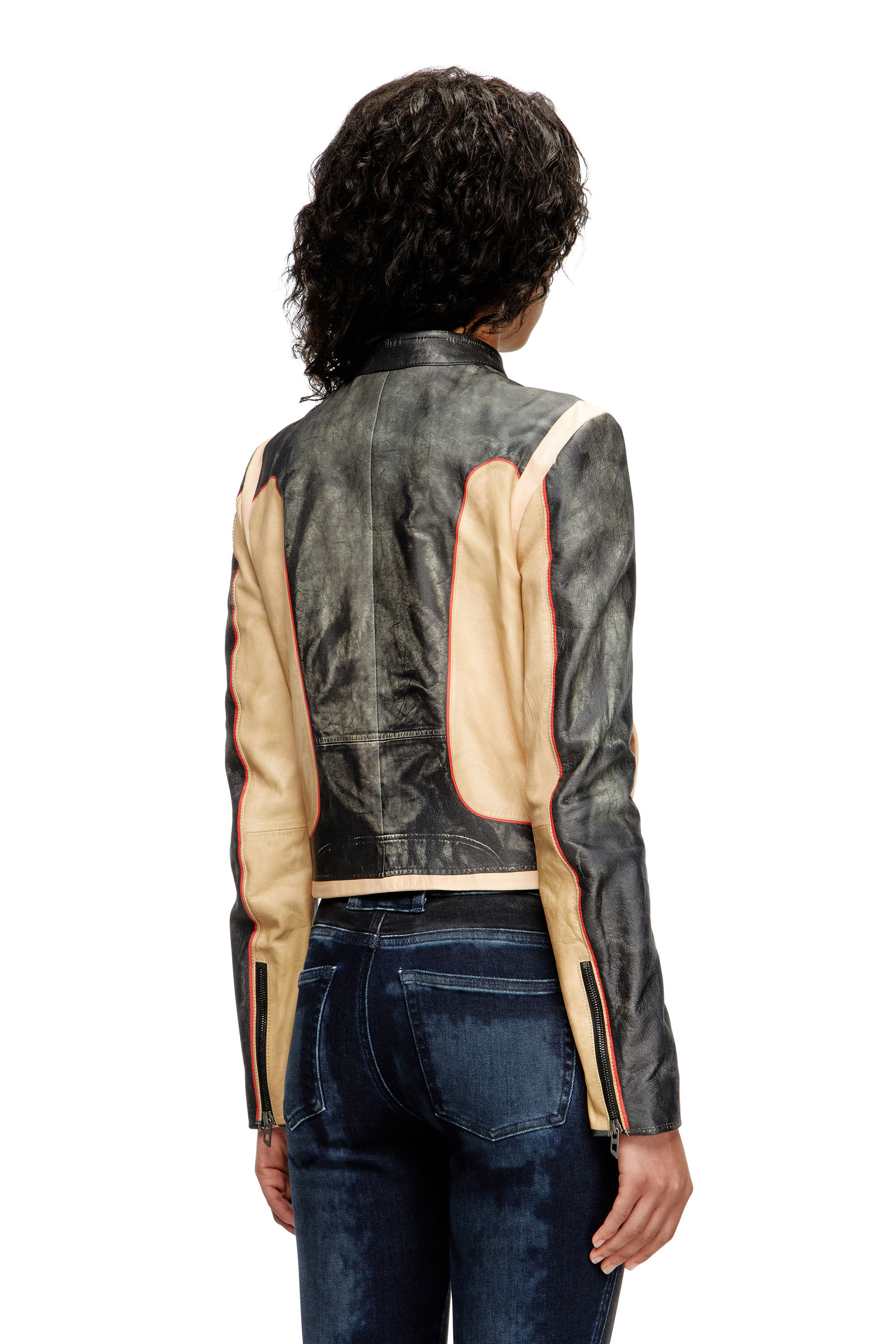 Diesel - L-OONIE, Woman's Trompe l'oeil-effect leather biker jacket in Beige/Black - 5