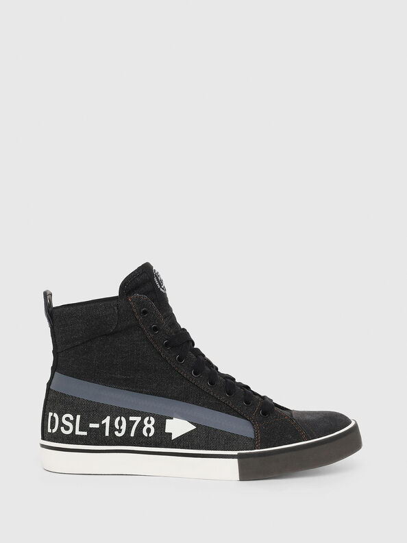 high top denim sneakers with logo print
