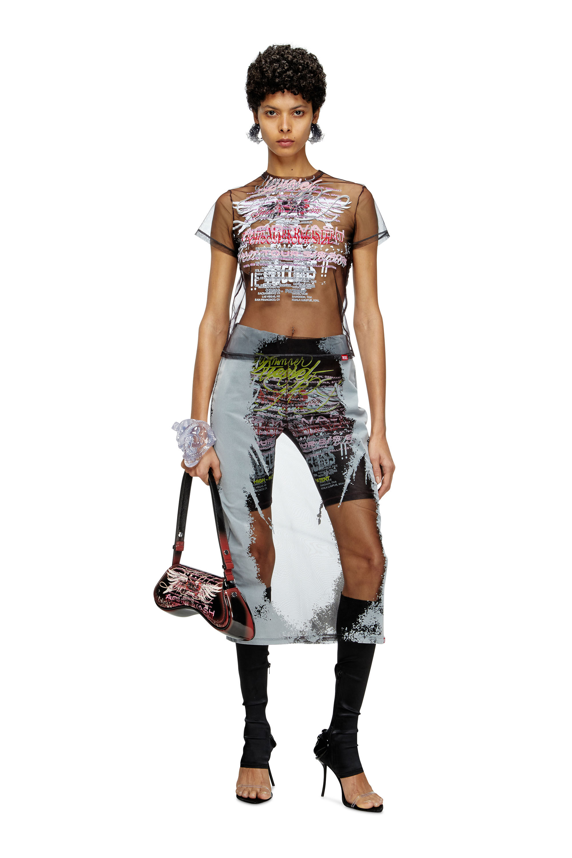 Diesel - T-YRAC, Top transparente con estampado de letras de canciones Mujer in Negro - 1