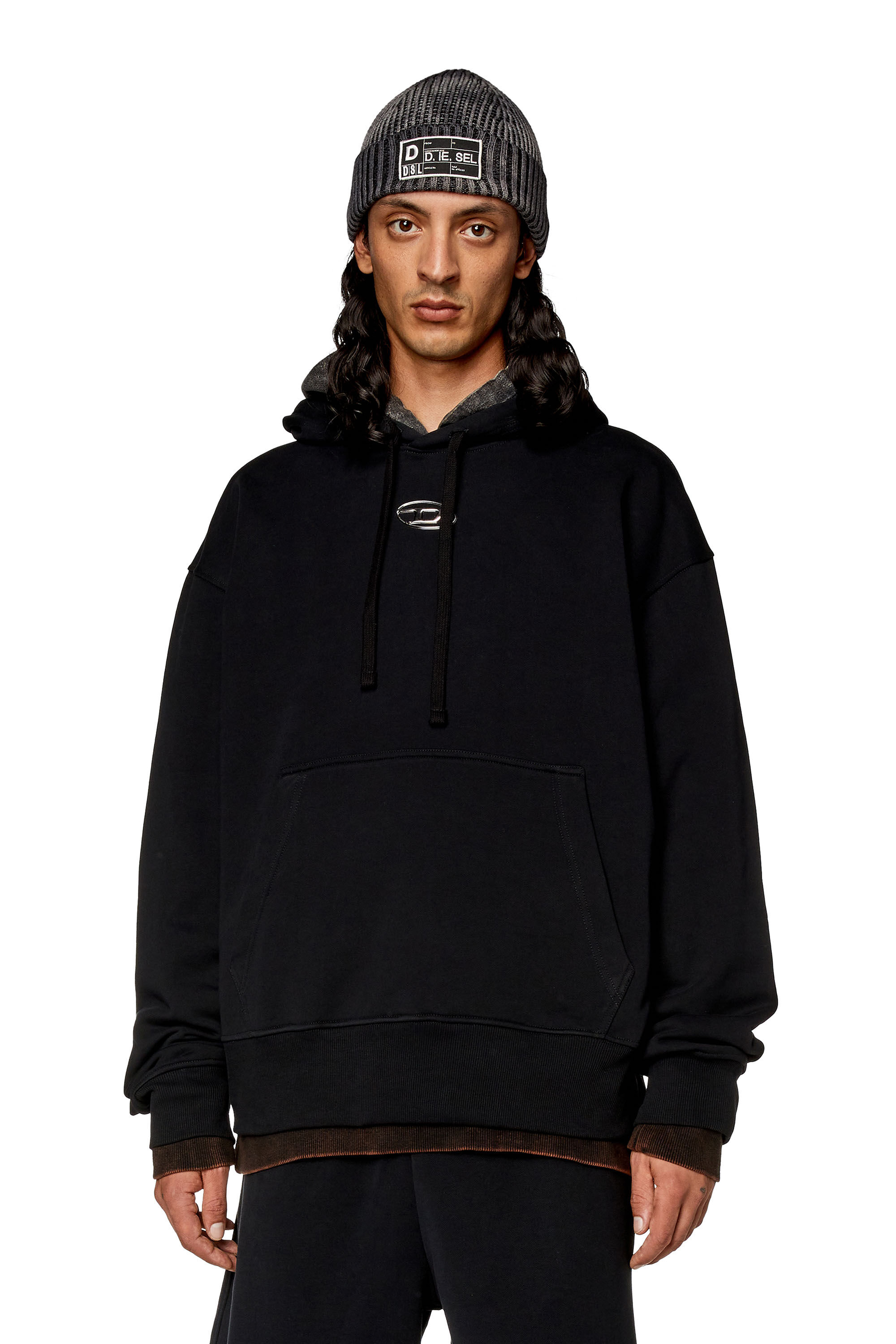 S-MACS-HOOD-OD Men: Oversized black hoodie metallic logo | Diesel
