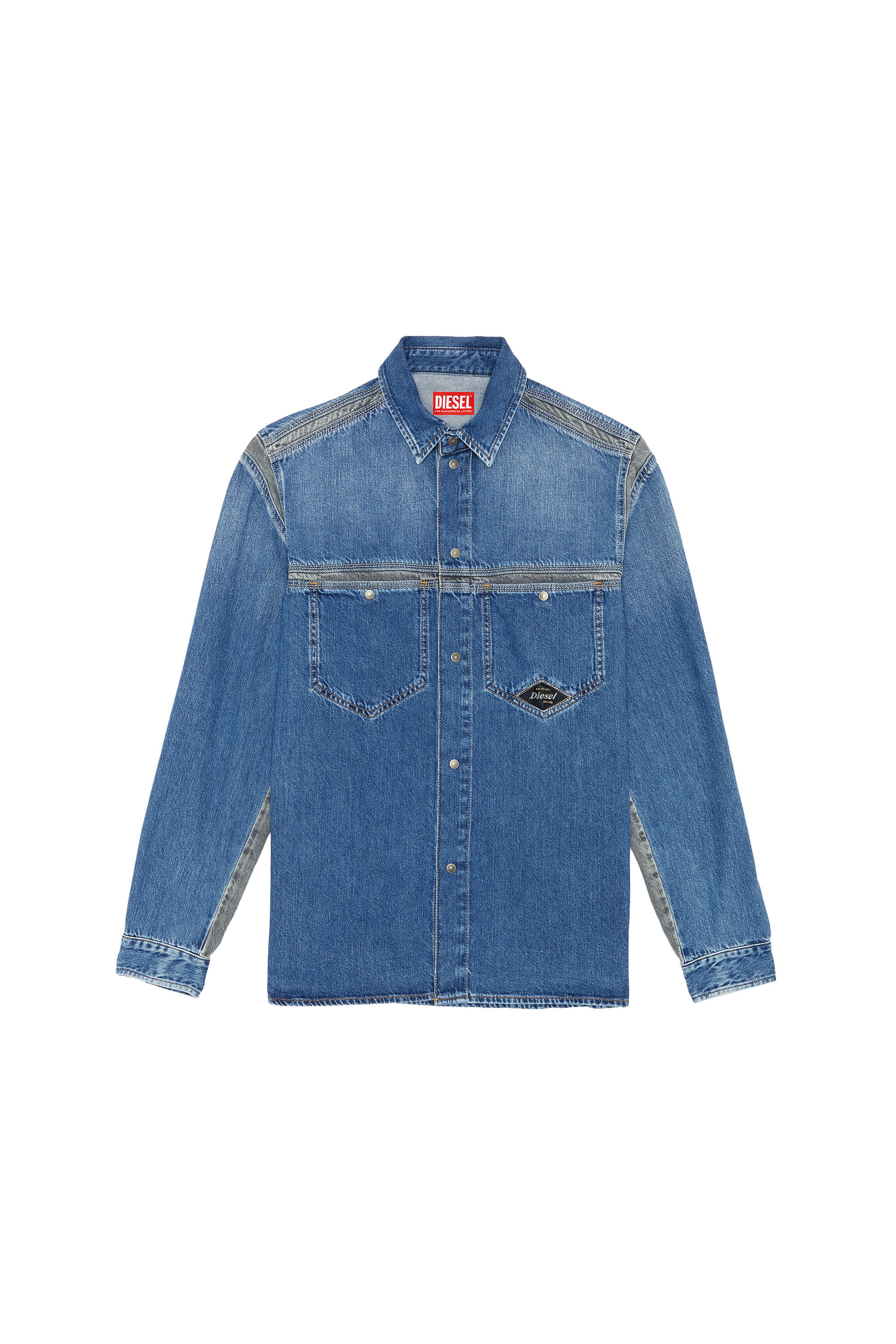 Diesel - D-HOR-FSS, Man's Denim shirt with contrasting inserts in Medium blue - 2