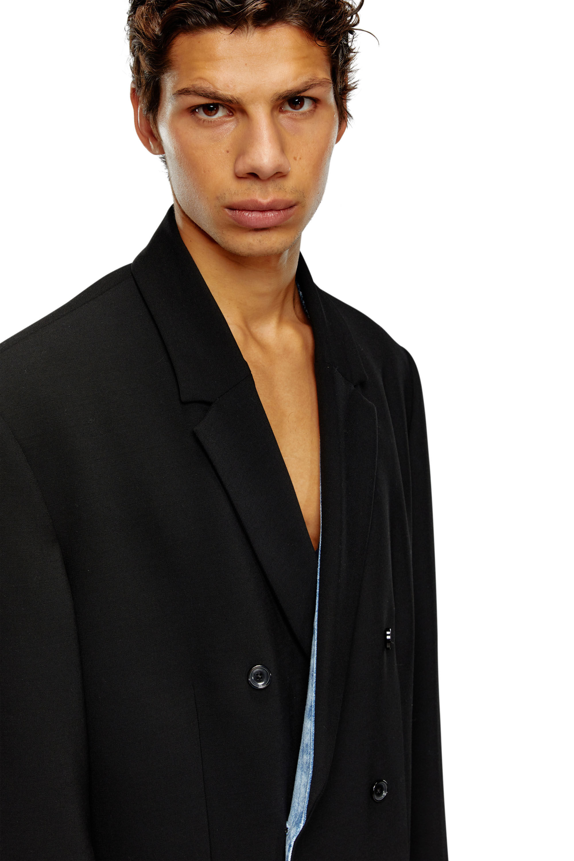 Men's Longline cool wool coat in denim detail | Black | Diesel Men's Longline cool wool coat in denim detail | Black | Diesel