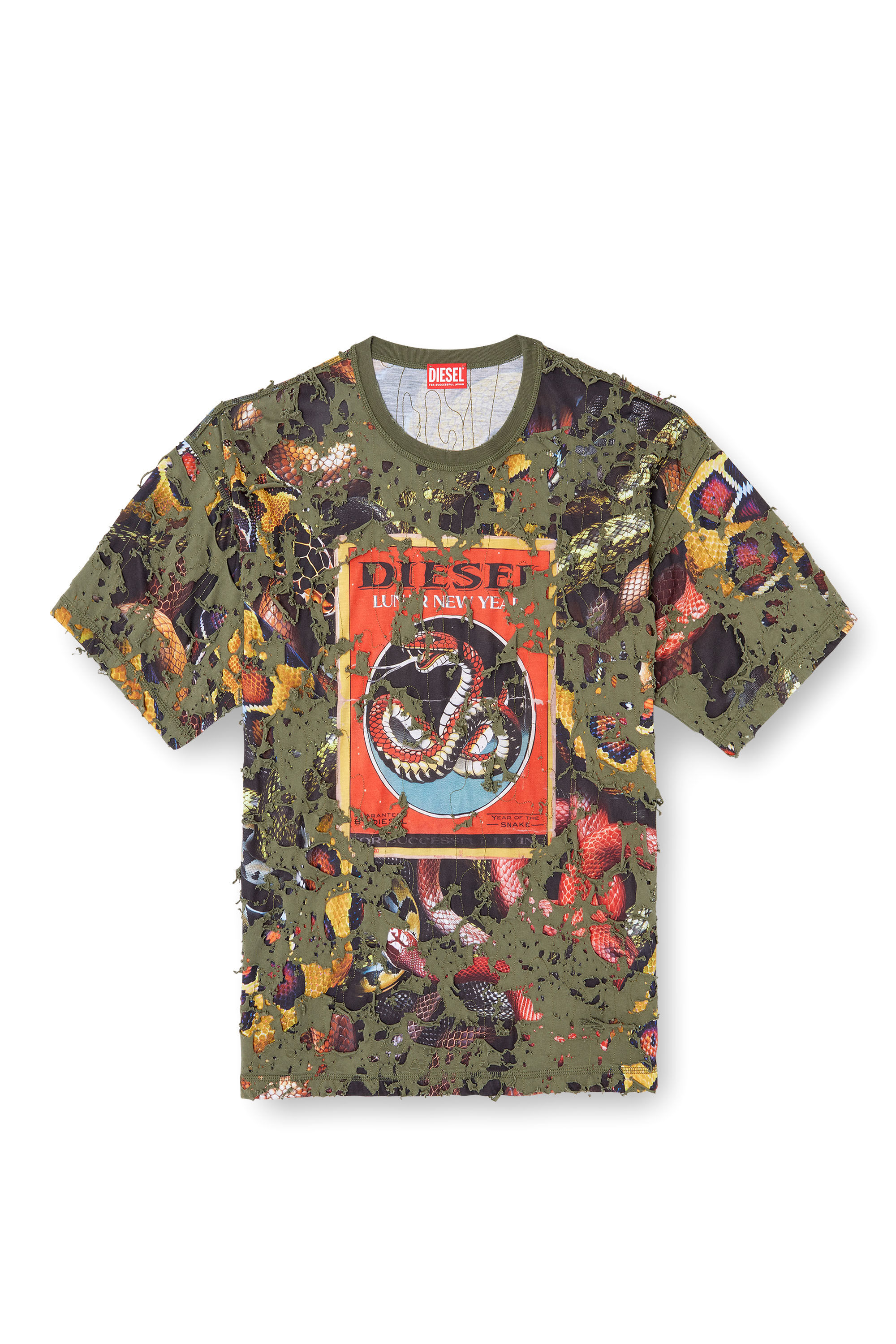 Women's Snake-print T-shirt with destroyed overlay | Green Women's Snake-print T-shirt with destroyed overlay | Green