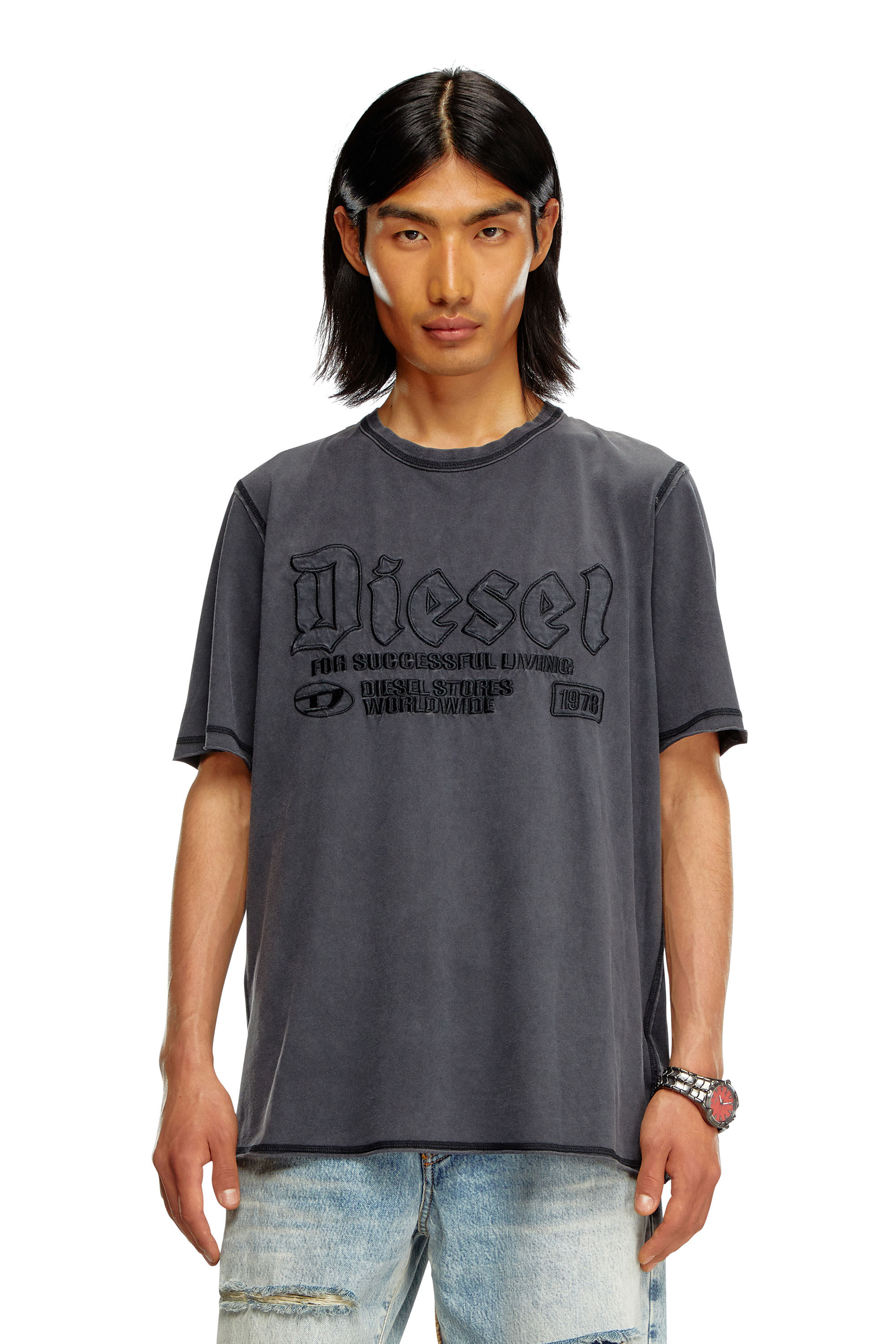 Men s Faded T shirt with tonal embroidery Black Diesel