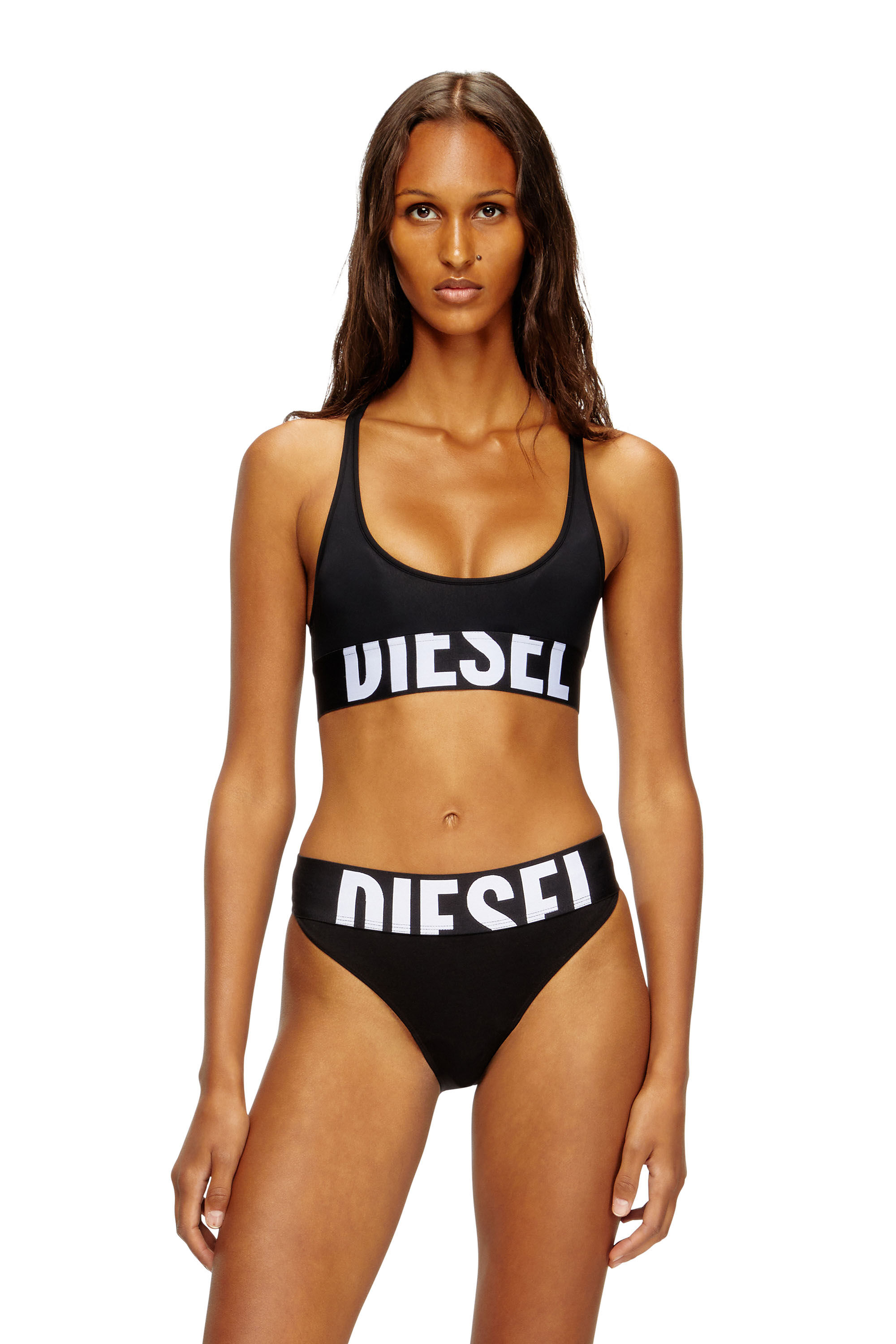 Diesel - ALLISON-D-POP, Woman's Microfibre sports bra with cut-off logo in Black - 1