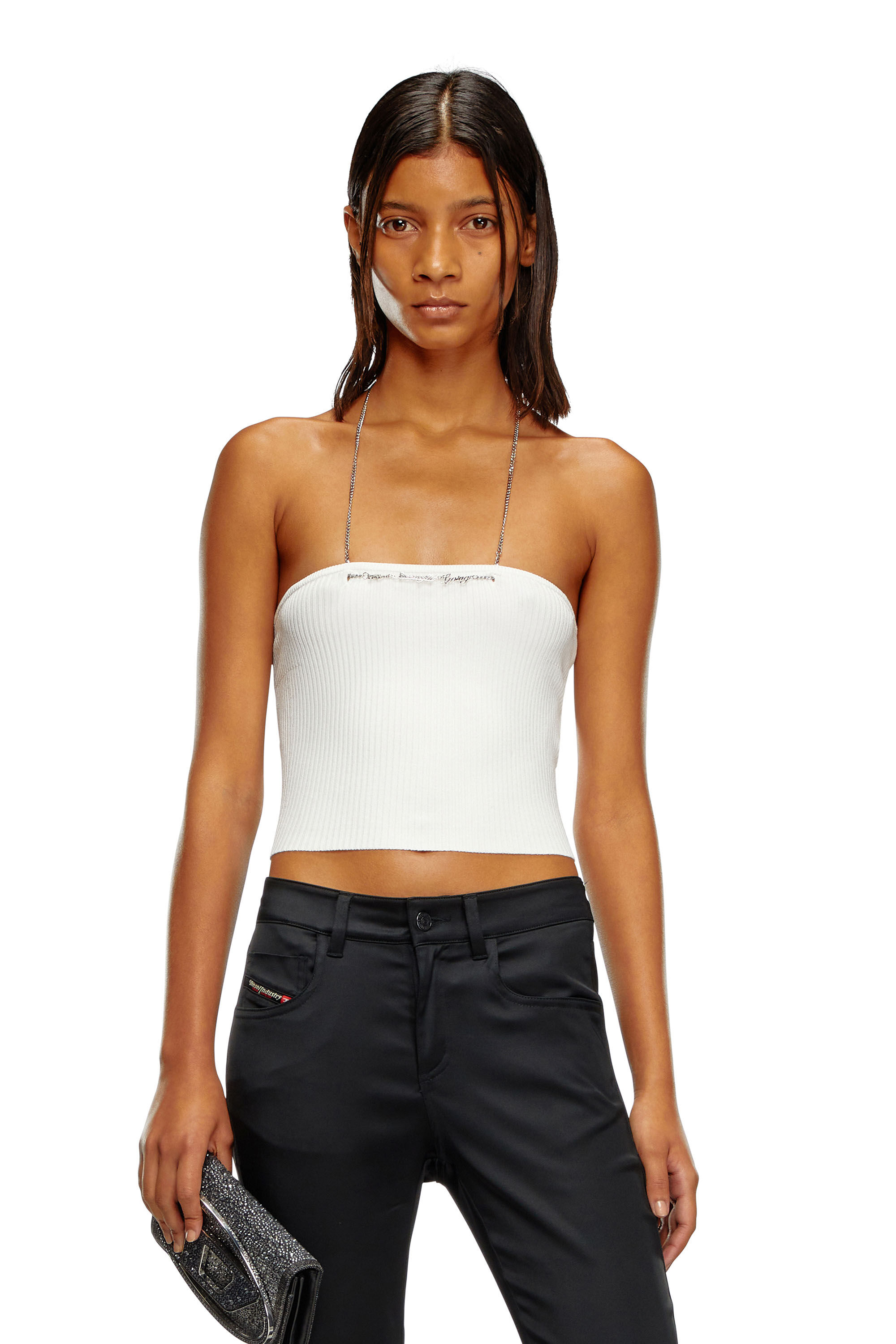 Women's Cropped knit top with chain halterneck | White | Diesel