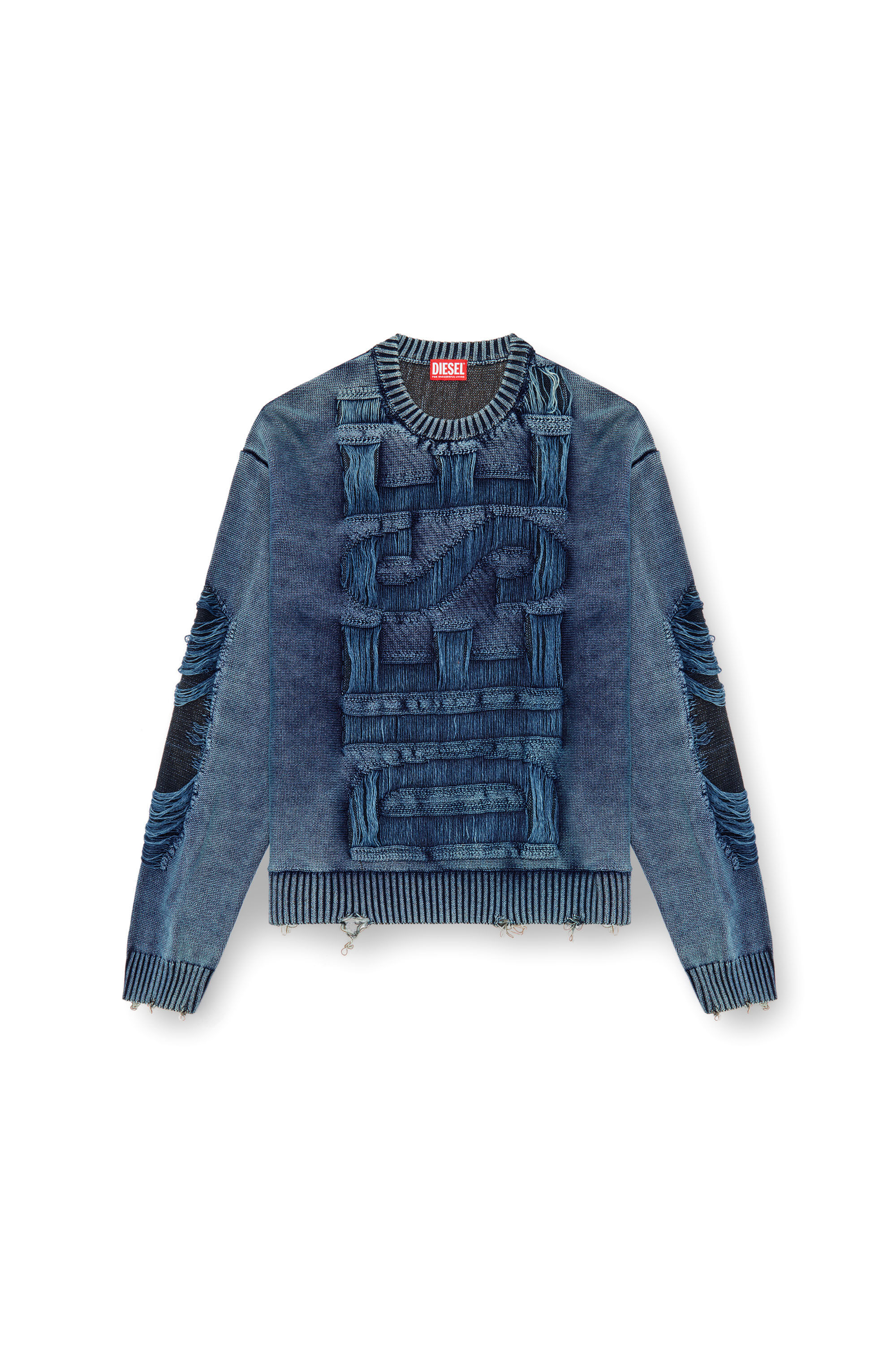 Men's Destroyed jumper with floating yarn logo | Blue | Diesel