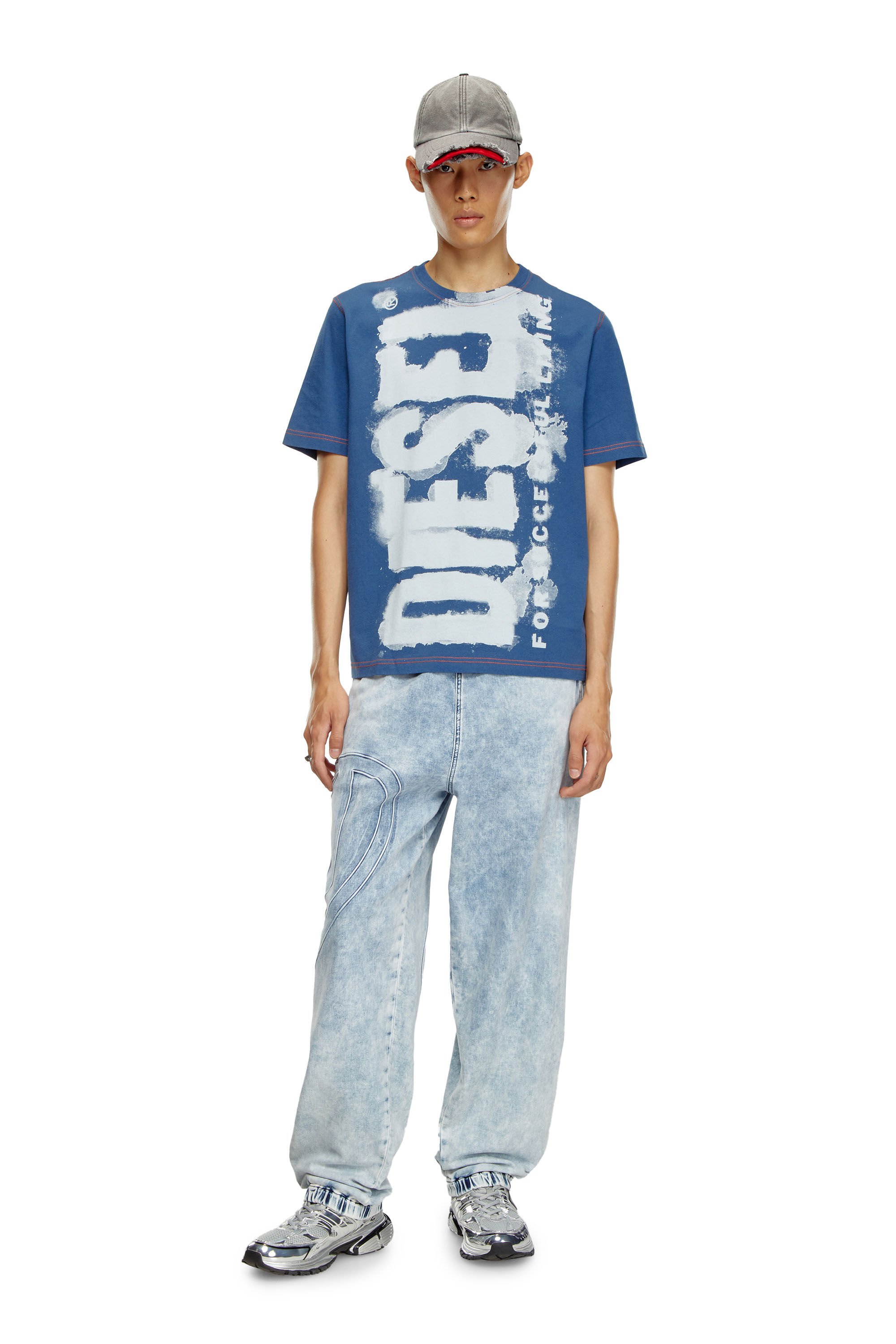 Diesel - T-ADJUST-Q4, Man's T-shirt with splotched logo in Azure - 1