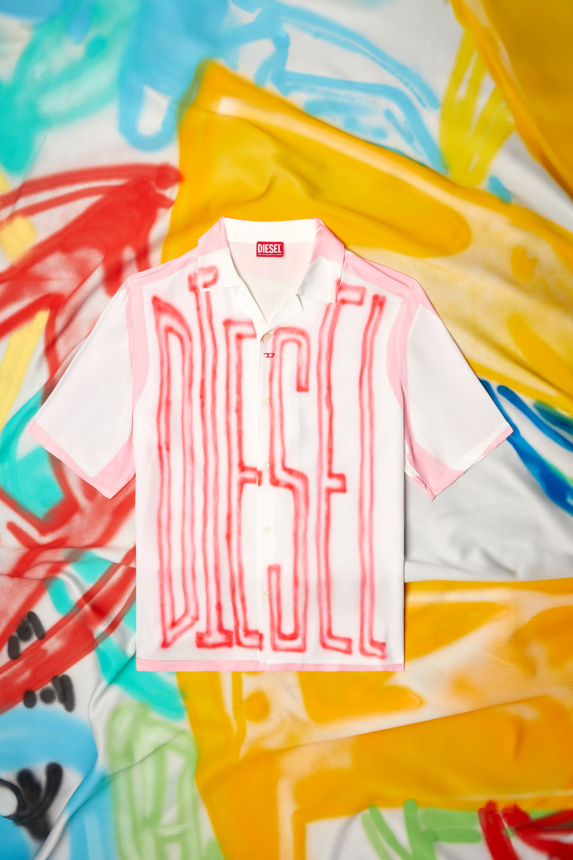 Diesel - C-PAROSHORT-GRAFFITI-FRA, Unisex's Satin bowling shirt with graffiti logo in Pink/White - 2