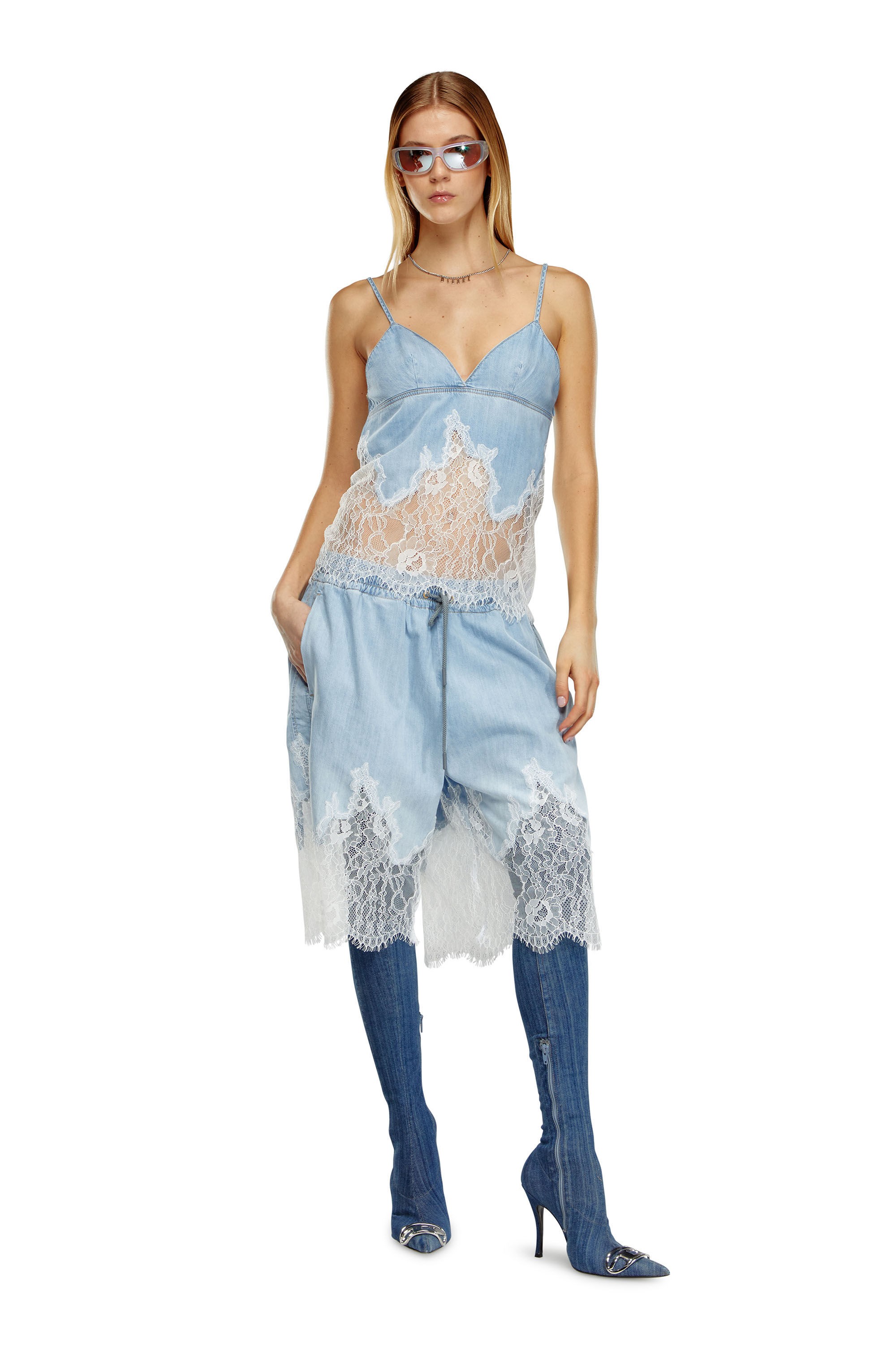 Women s Bermuda shorts in Denim and lace Blue Diesel Denim Set
