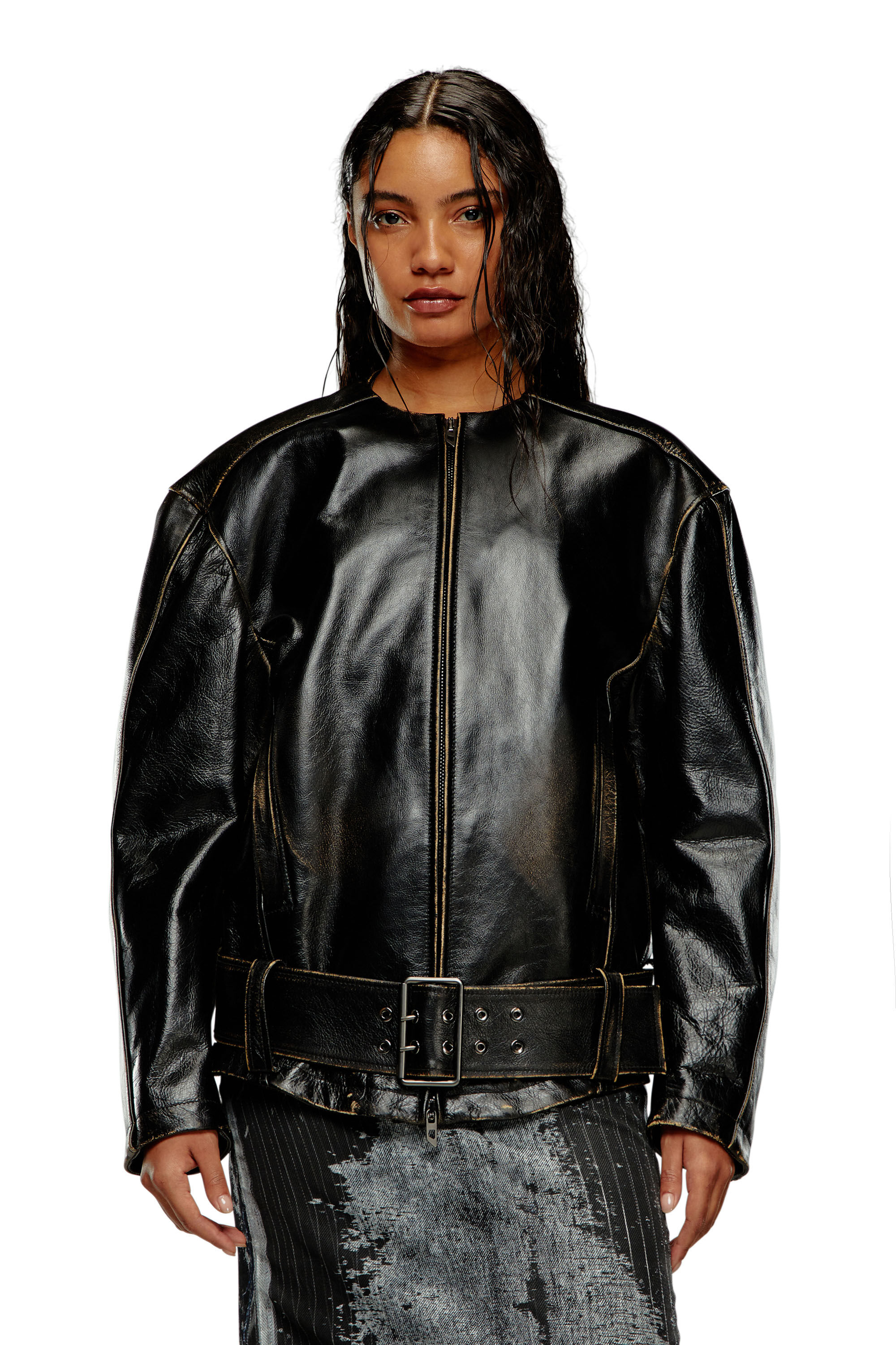 Diesel - L-MARGY, Woman's Oversized biker jacket in brushed leather in Black - 6