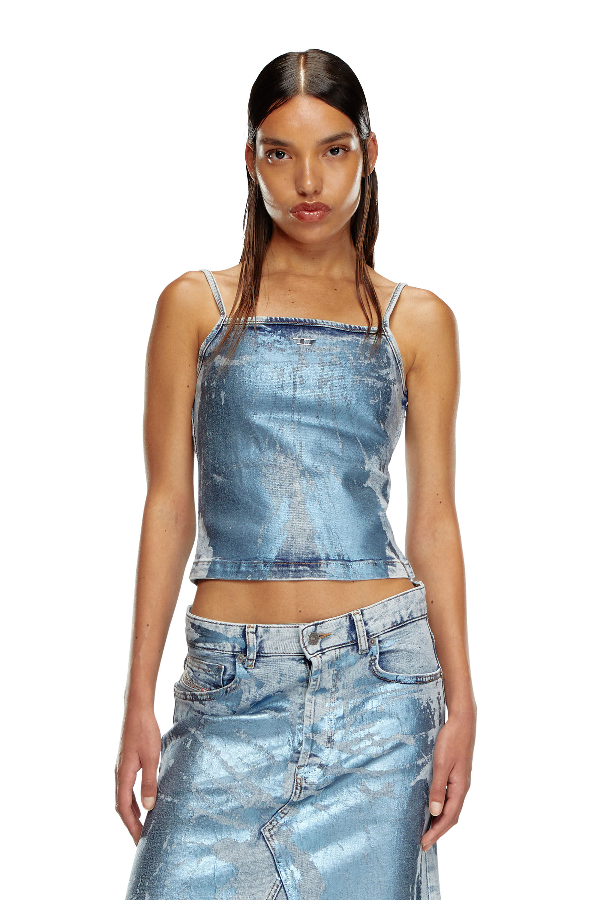 Tシャツ・カットソー DIESEL Women Tunic Tops A13821 0PGAL 01 BLUE Women's Cropped denim top with crystal plaque | Blue | Diesel