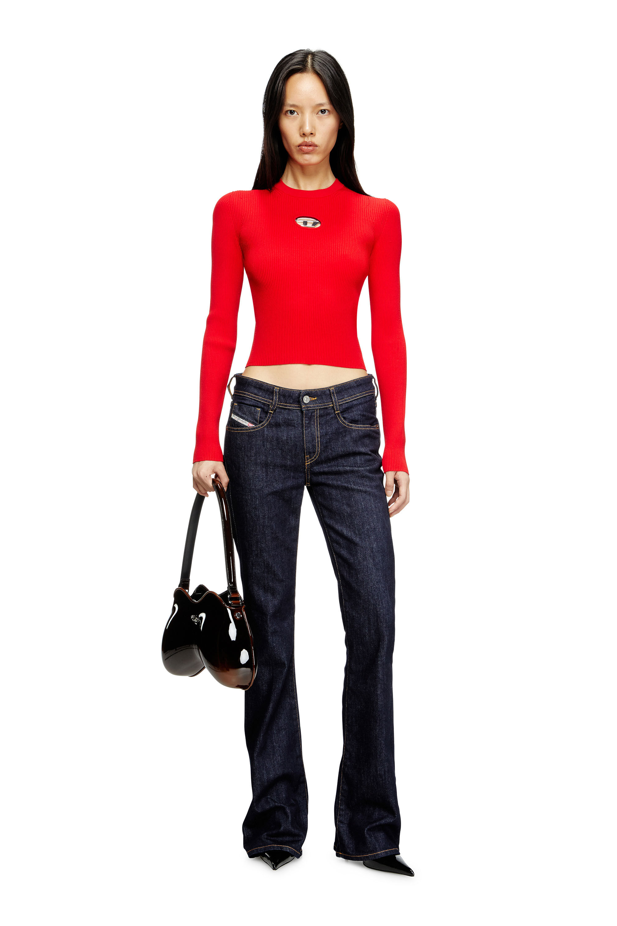 Women's Rib-knit viscose-blend top with Oval D | Red | Diesel