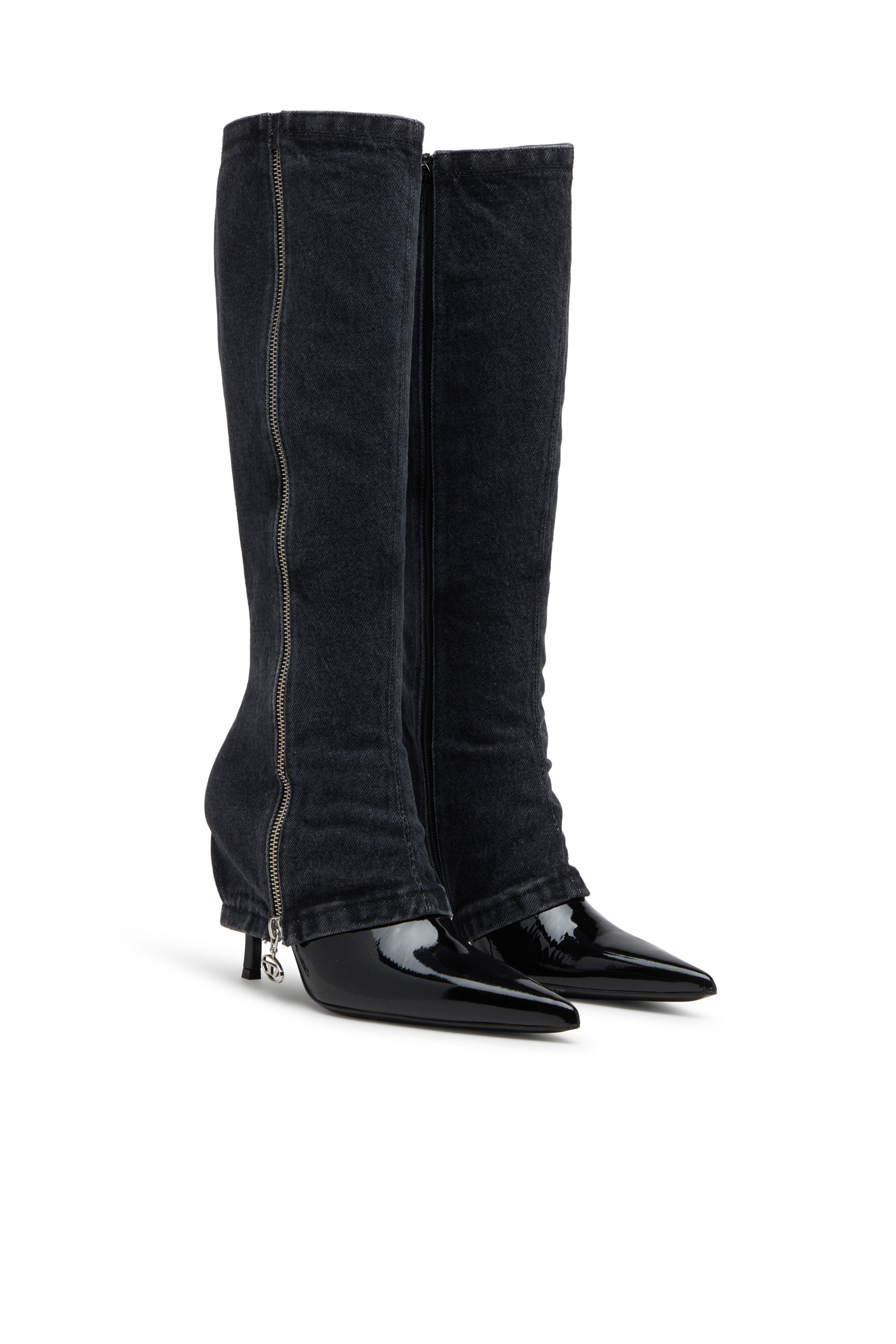 Diesel - D-VENUS TWISTED BOOT, D-Venus-Botas con tacones de aguja hasta la rodilla y efecto trampantojo de tejido vaquero Mujer in Negro - 2