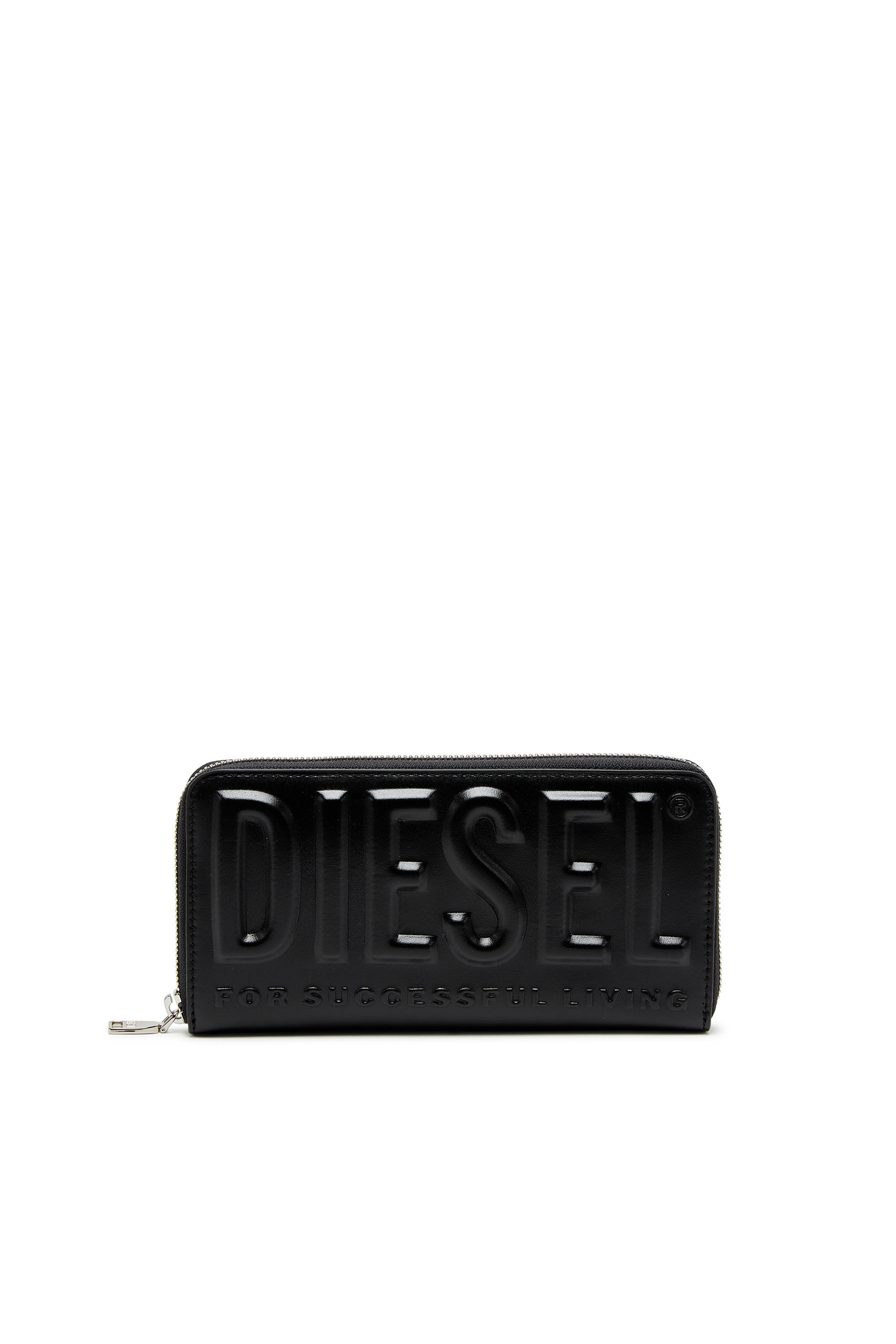 Cartera larga con cremallera de piel con el logotipo grabado Hombre Negro Diesel