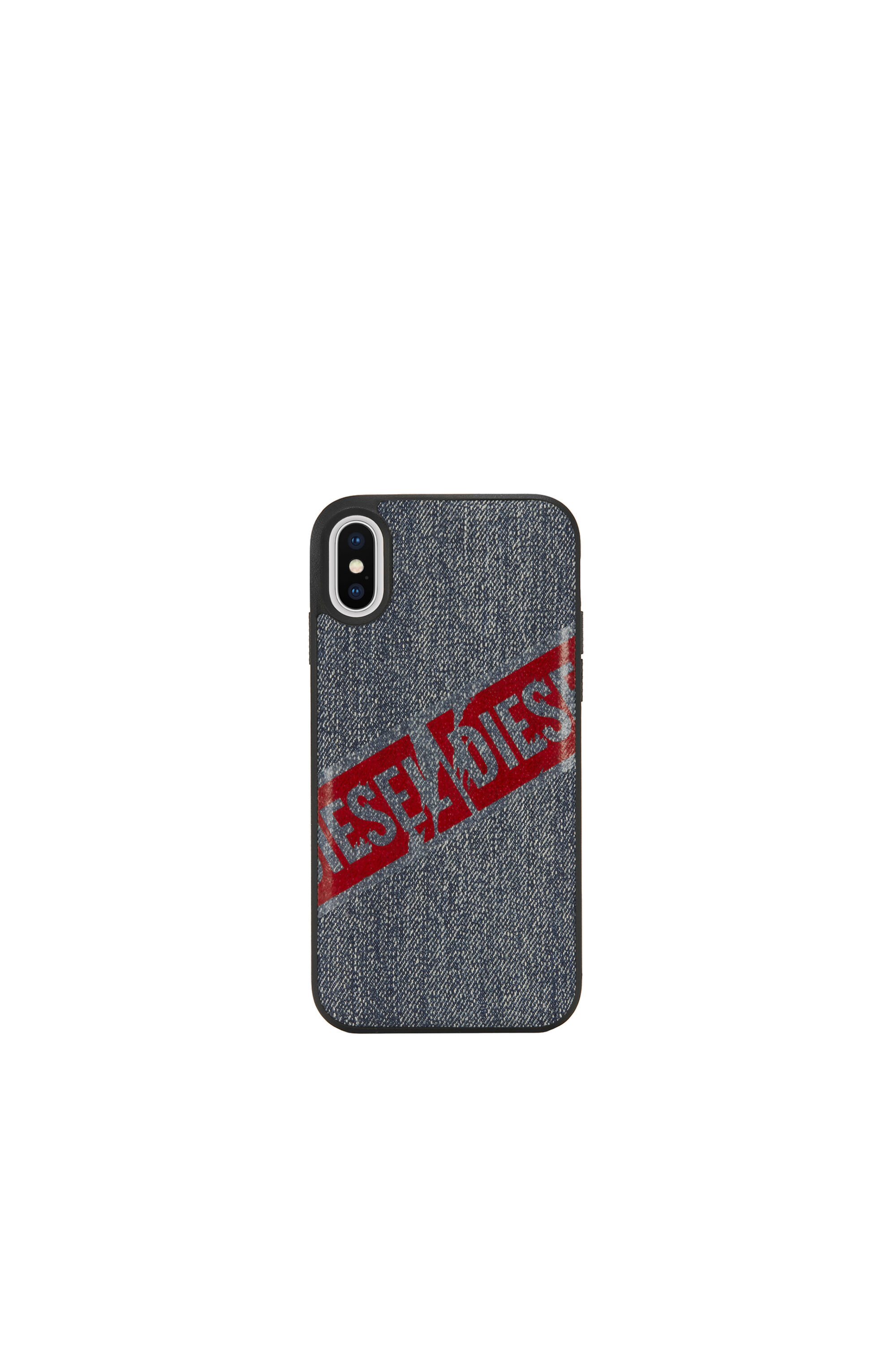 Diesel - VINTAGE DENIM IPHONE X CASE, Funda en denim de efecto vintage con logo rojo para iPhone X Unisex in Azul marino - 2