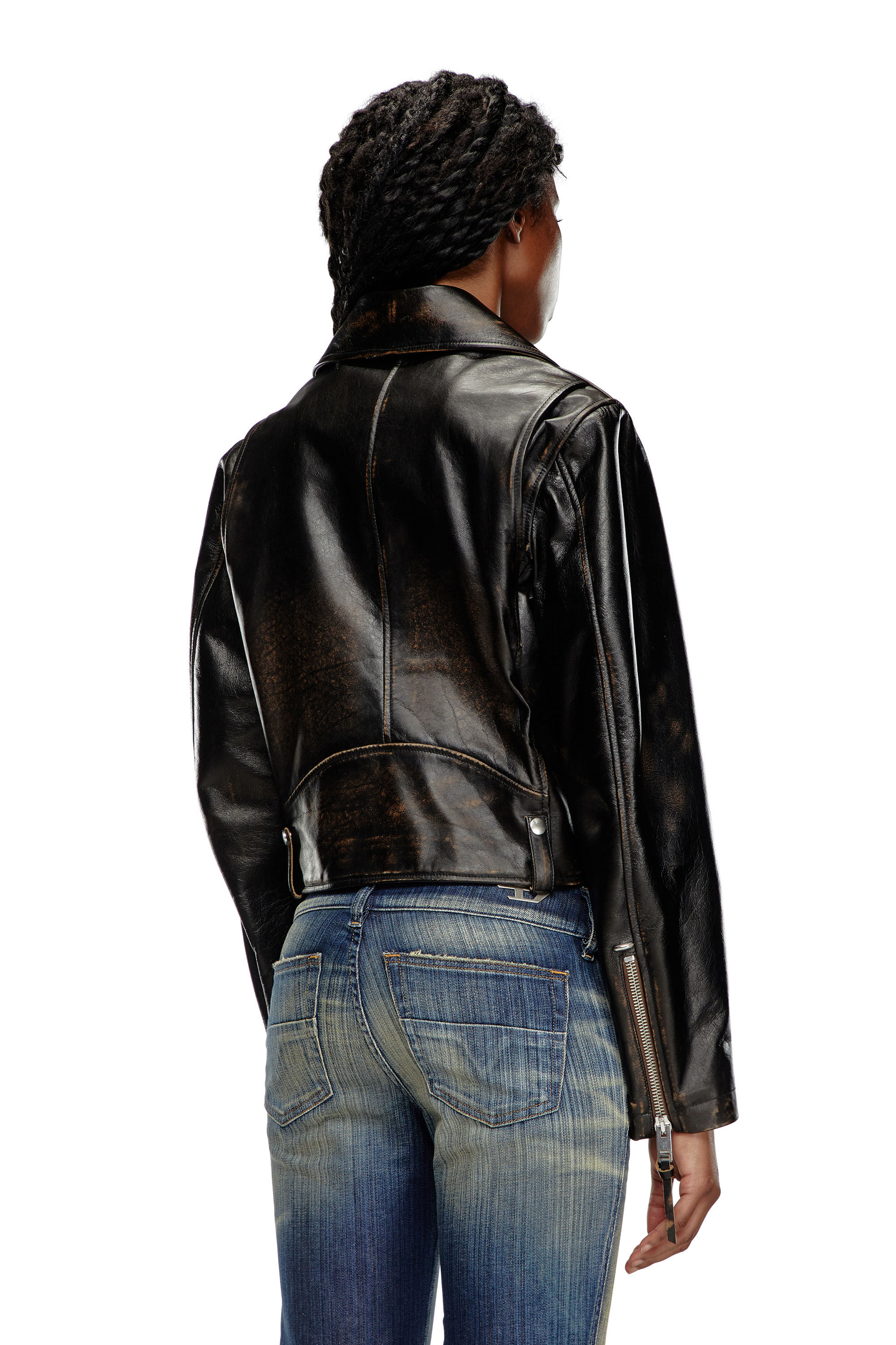 Diesel - L-EDMEA-CL, Chaqueta biker de cuero tratado Mujer in Negro - 5