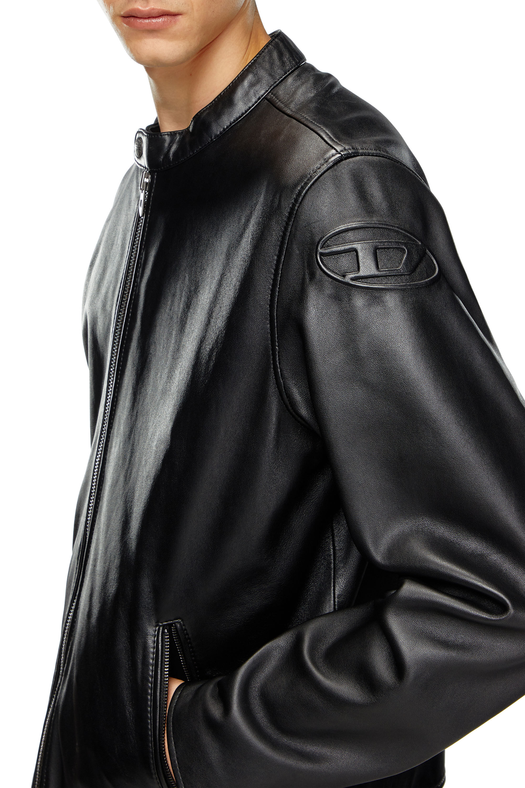Diesel - L-CARVER, Man Leather biker jacket with embossed logo in Black - Image 4