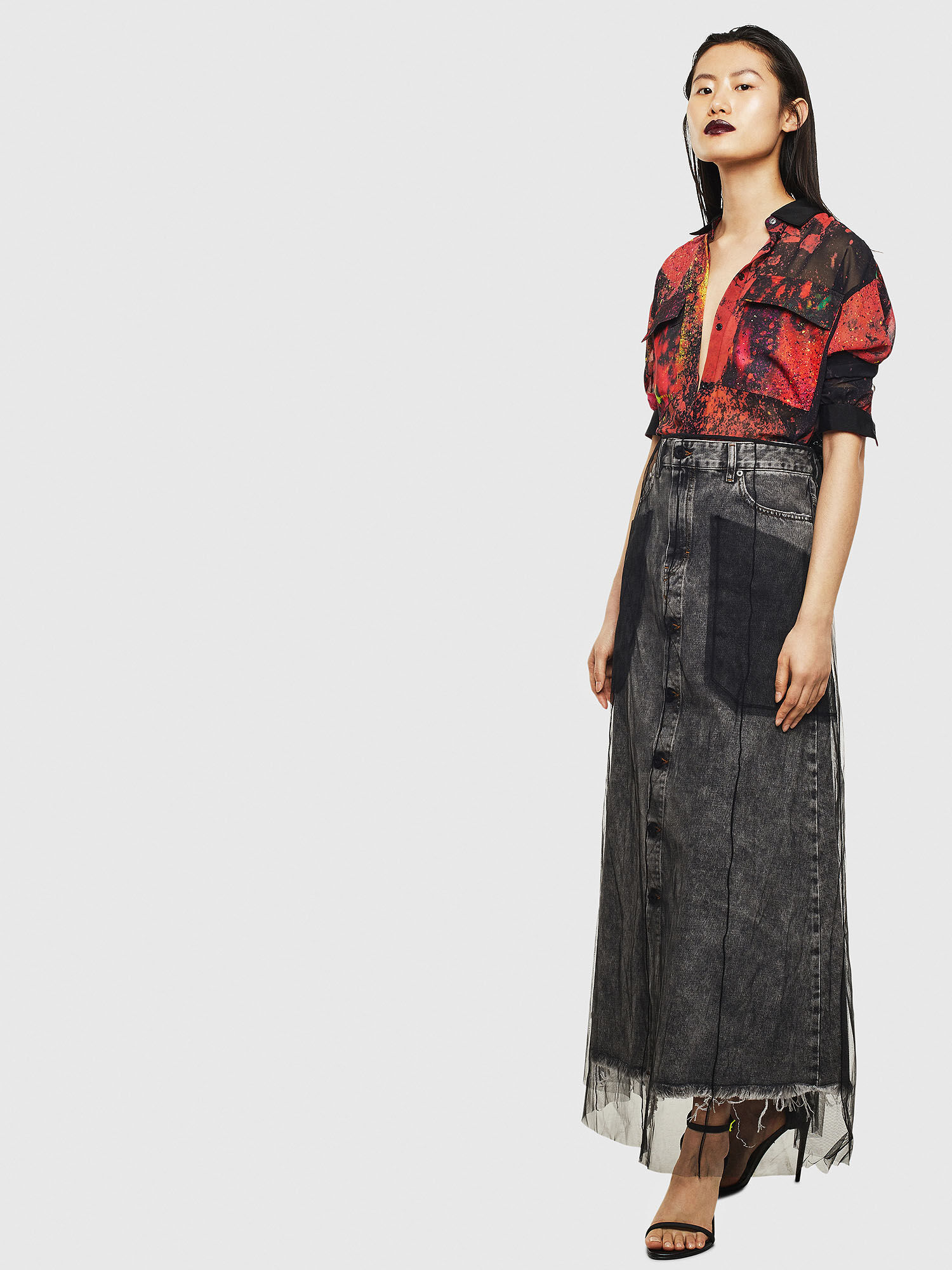 Denim skirt with tulle overlay hot sale