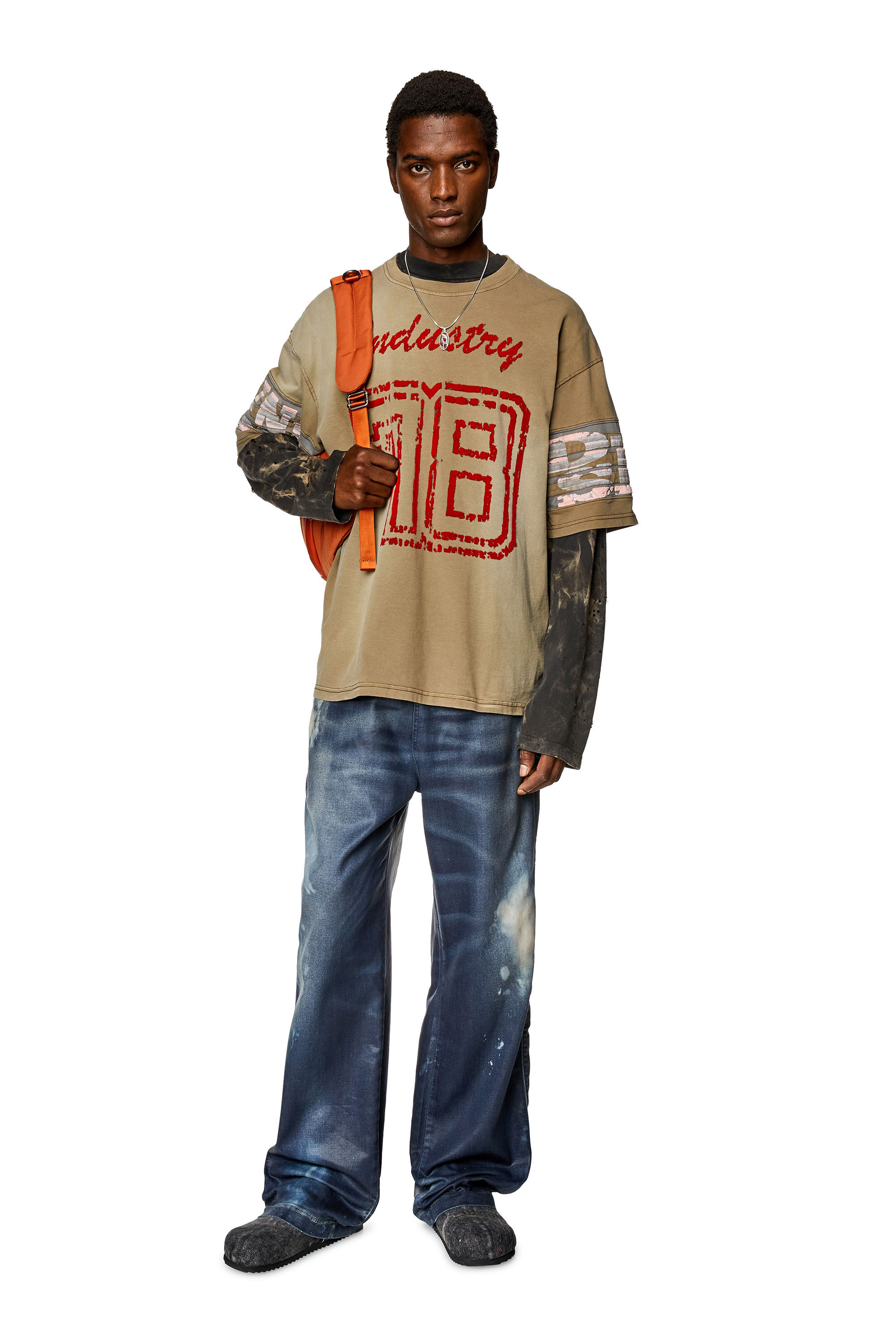Diesel - T-BOST, Man's Faded jersey T-shirt with flock prints in Light Brown - 1