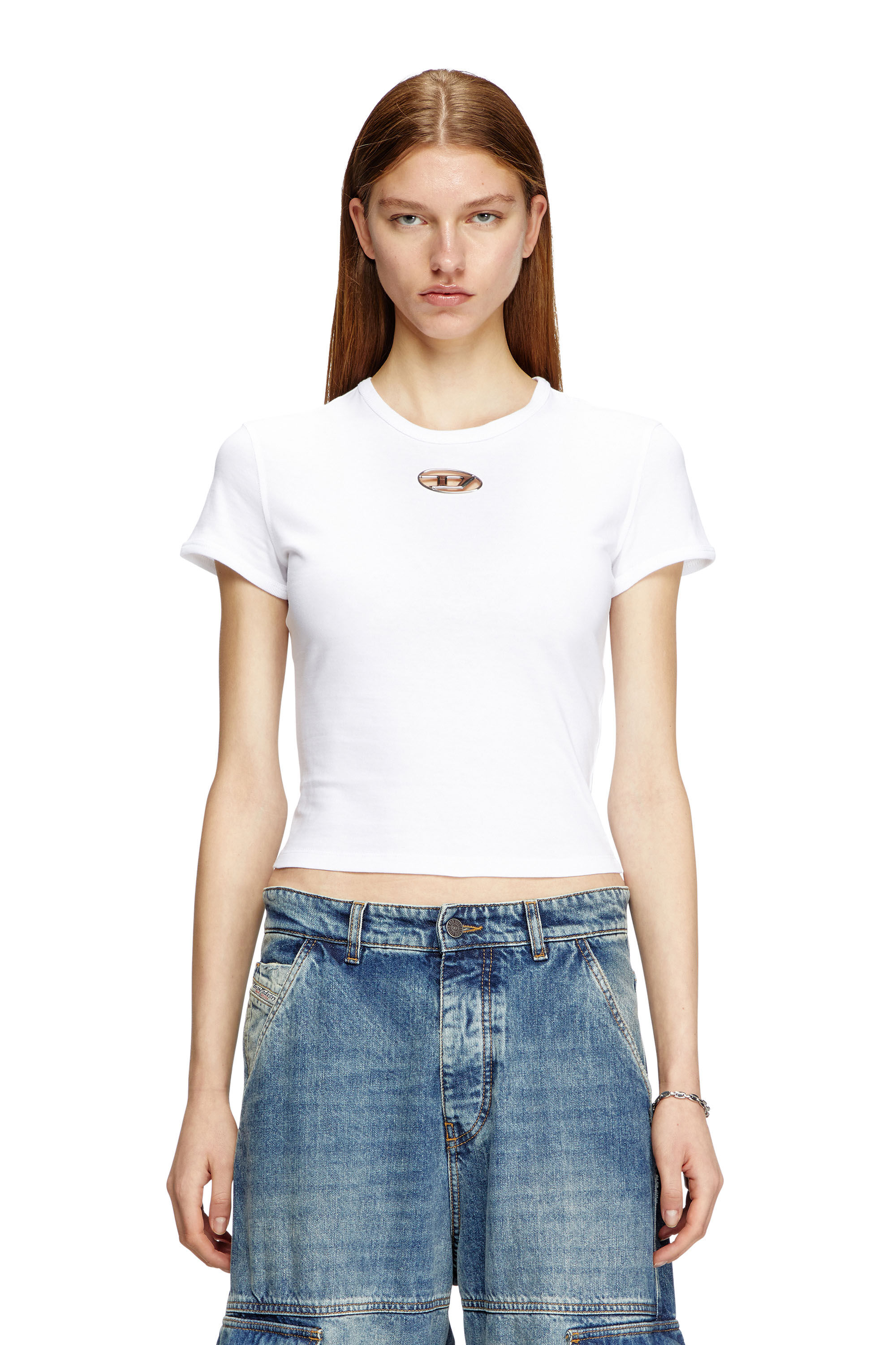 DIESEL 胸空き ロゴTシャツ Women's Slim fit T-shirt with cut-out Oval D | White | Diesel