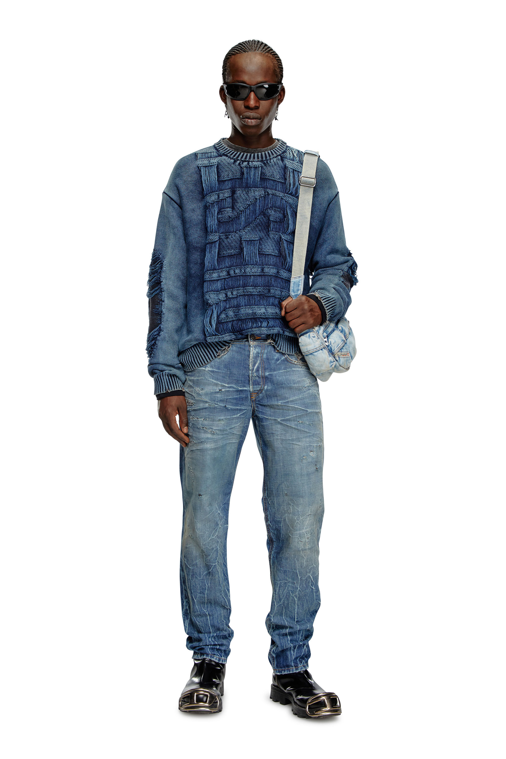 Men's Destroyed jumper with floating yarn logo | Blue | Diesel