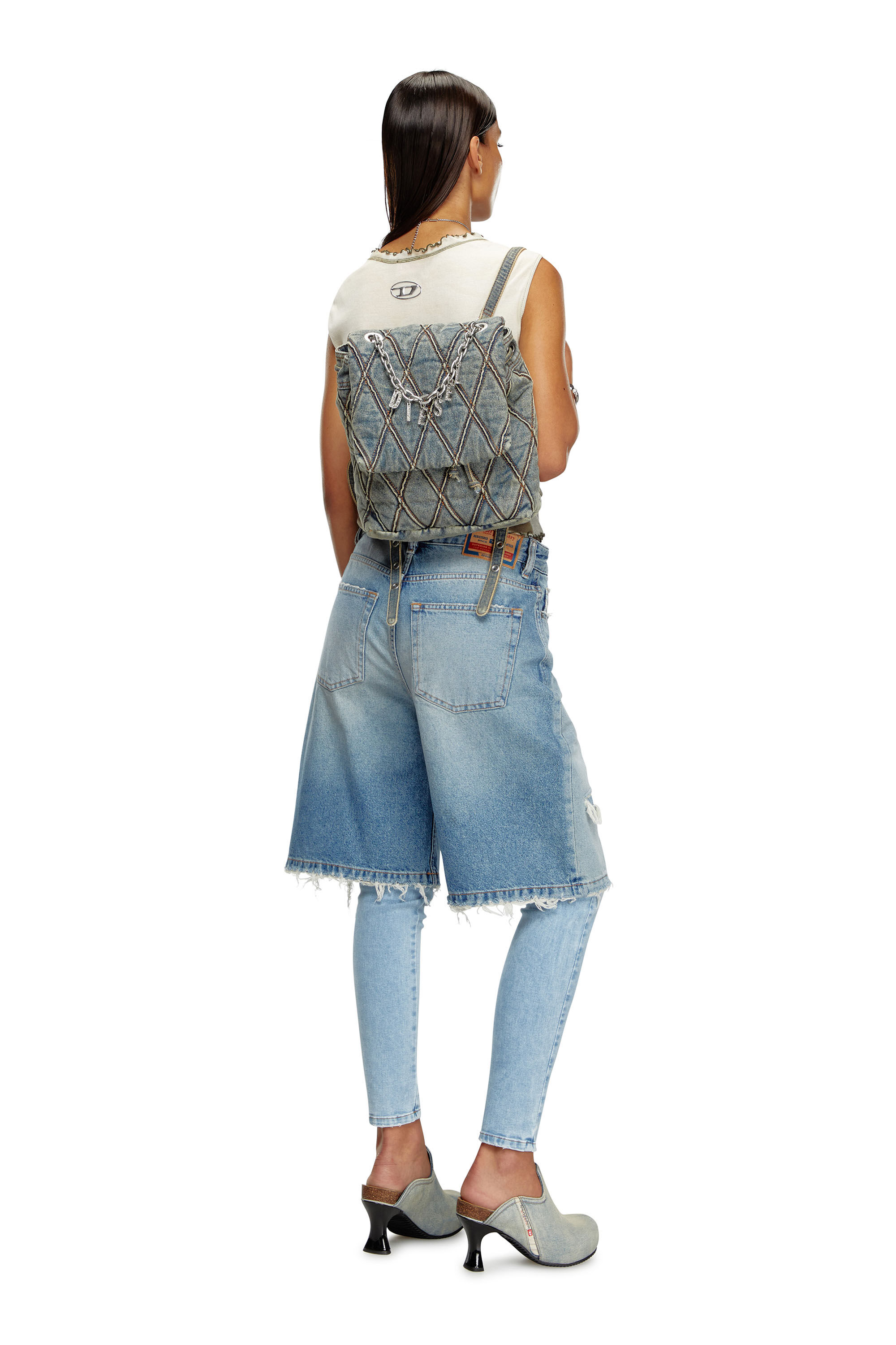 Charm D S Mochila de denim acolchado con motivo Argyle Mujer Azul marino Diesel