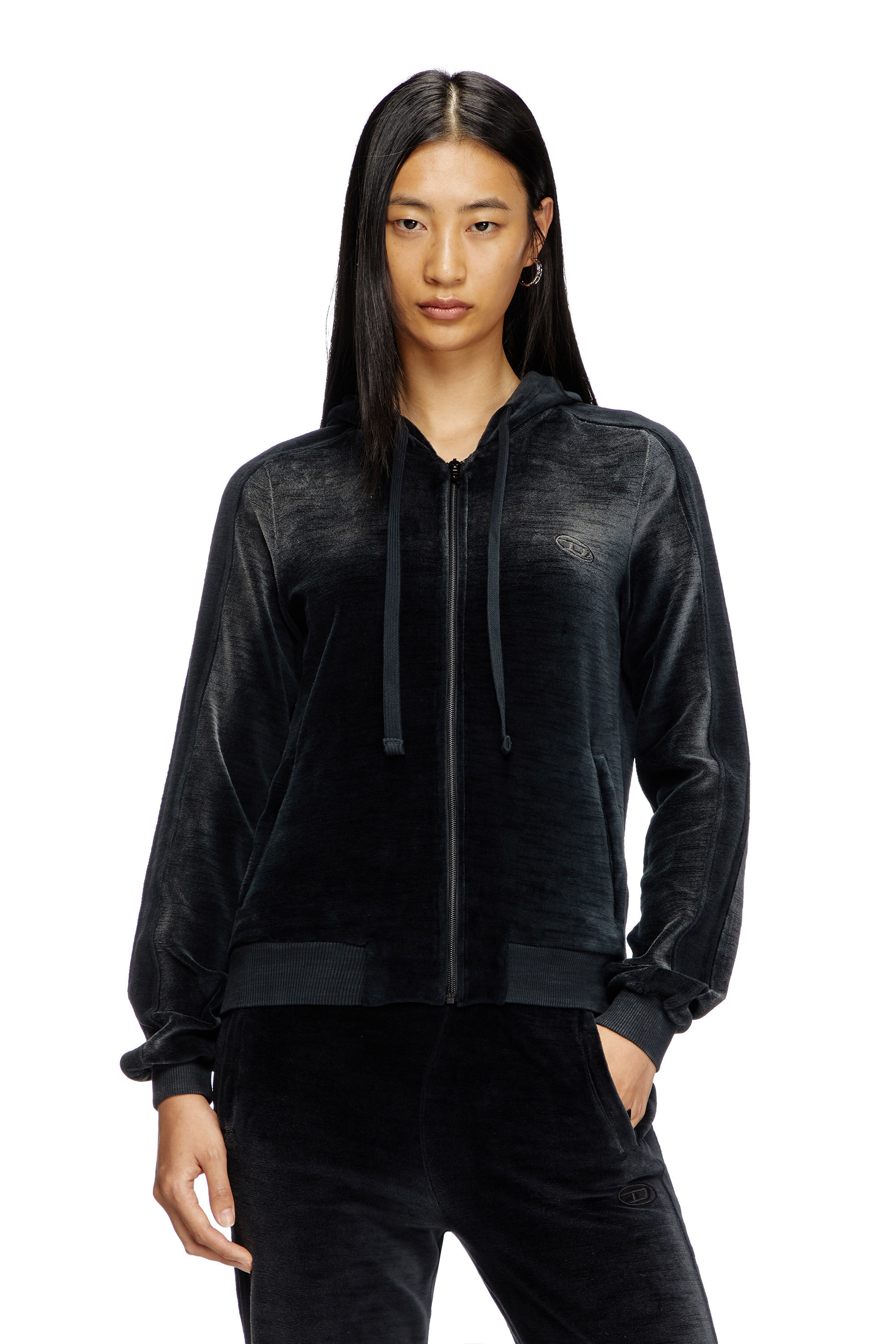 Diesel - F-ELY-Q1, Sudadera con capucha y cremallera de chenilla desteñida Mujer in Negro - 3