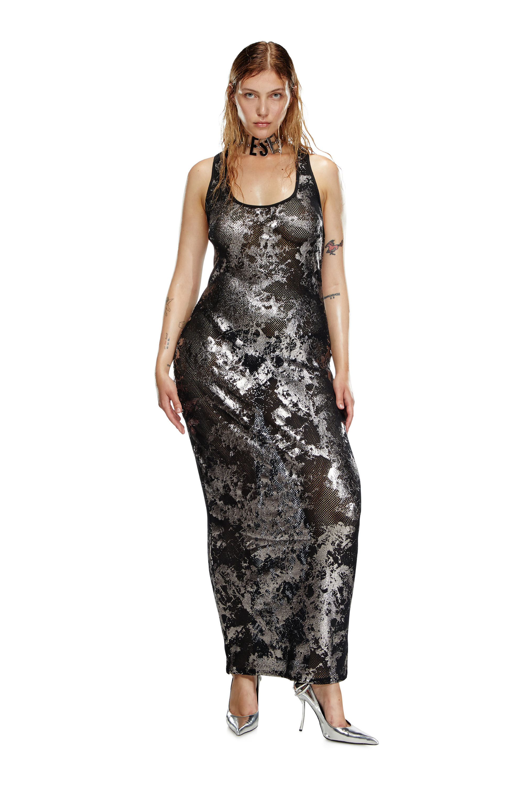 Diesel - C-FINISHNET-SLEEP-SLIP, Vestido lencero largo de malla metalizada Mujer in Negro - 3