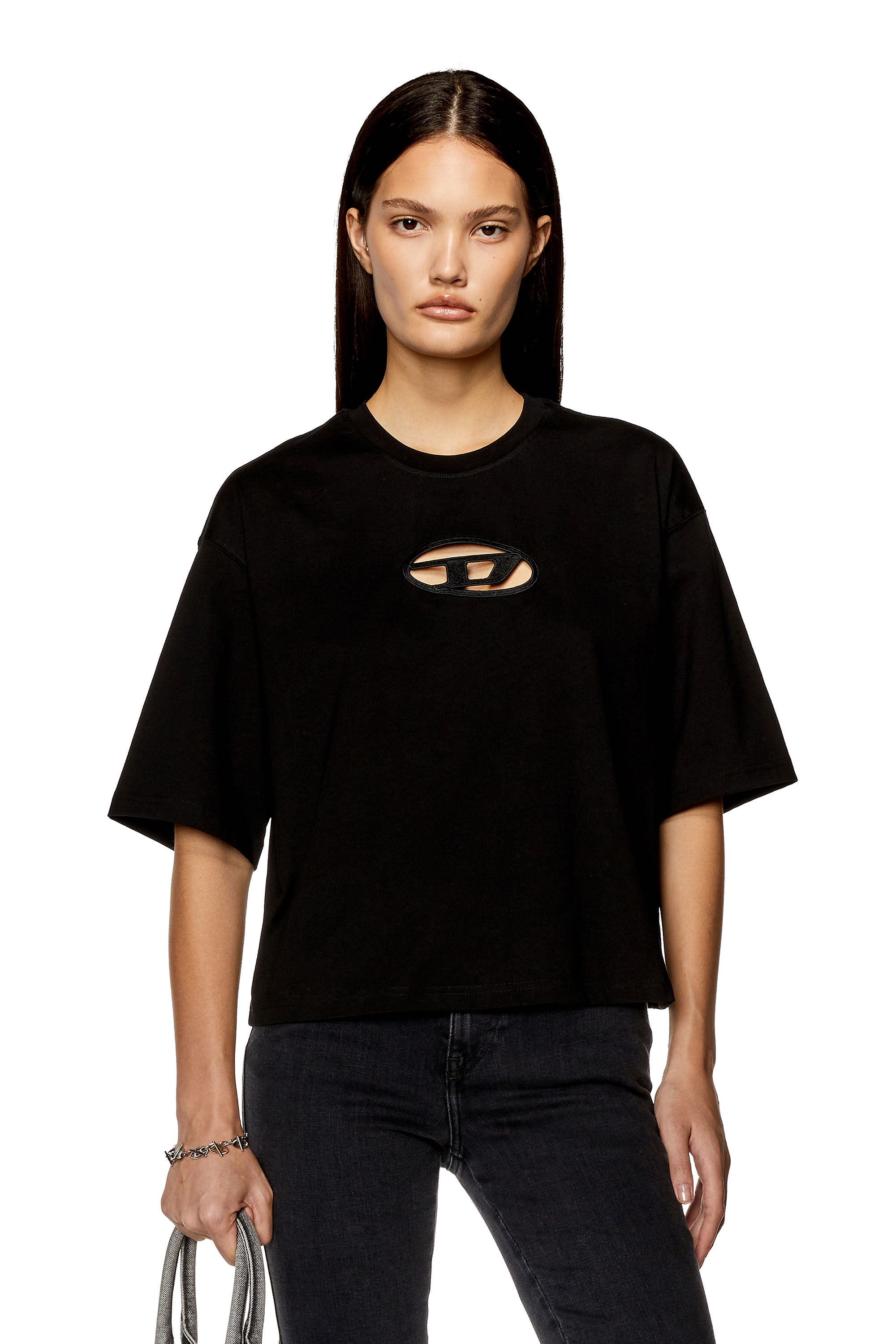 Diesel - T-ROWY-OD, Woman's Boxy T-shirt with embroidered D in Black - 3