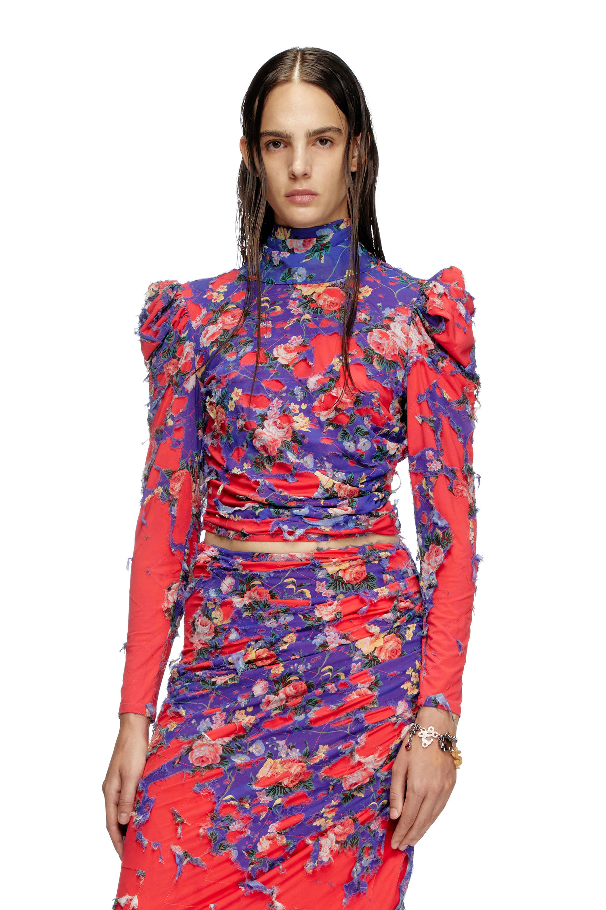 Diesel - T-FLOYAL, Woman's Puff-sleeve scarf neck top with devoré in Pink/Violet - 3