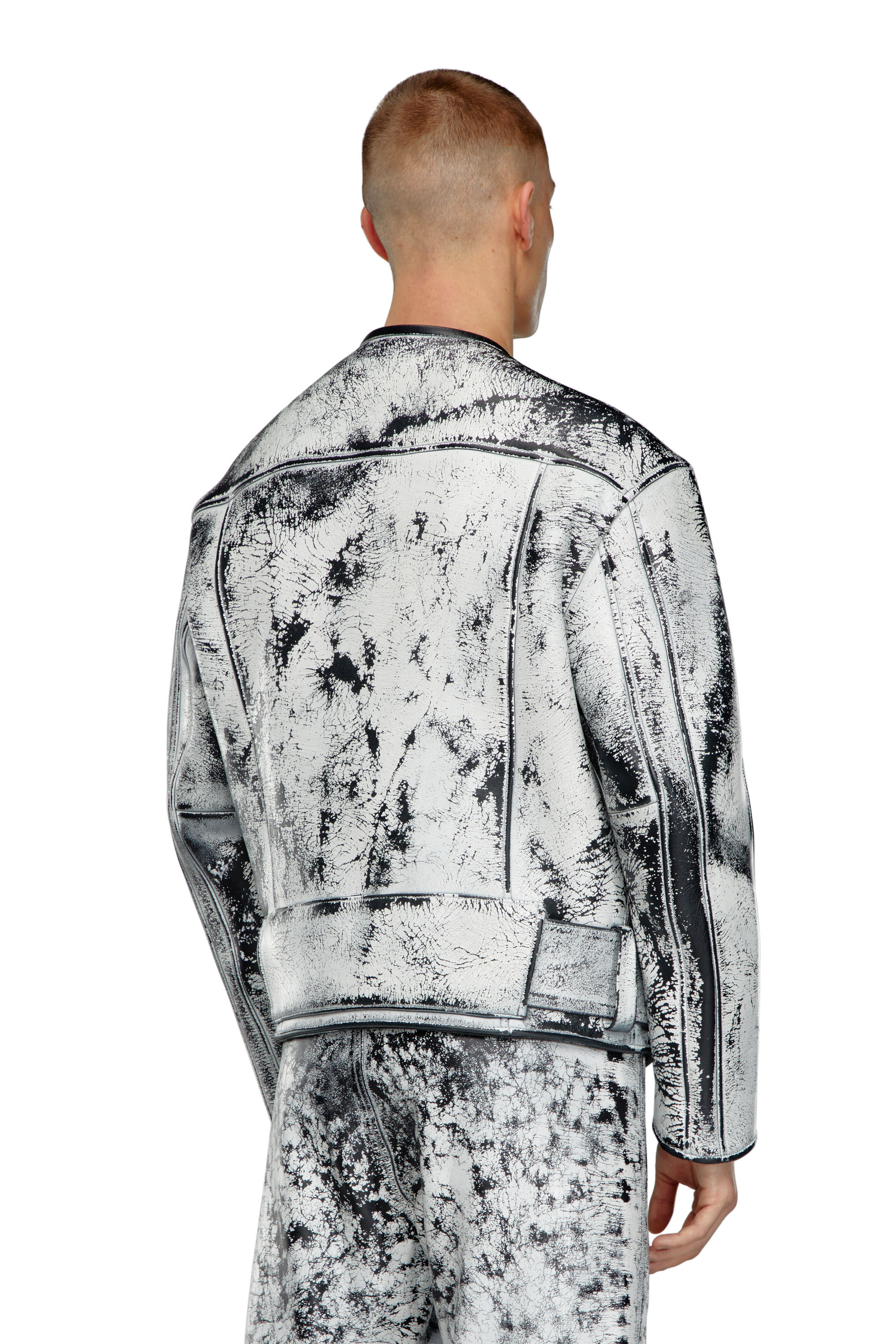 Diesel - L-MARGY-MALE, Man's Oversized biker jacket in treated leather in Black/White - 5